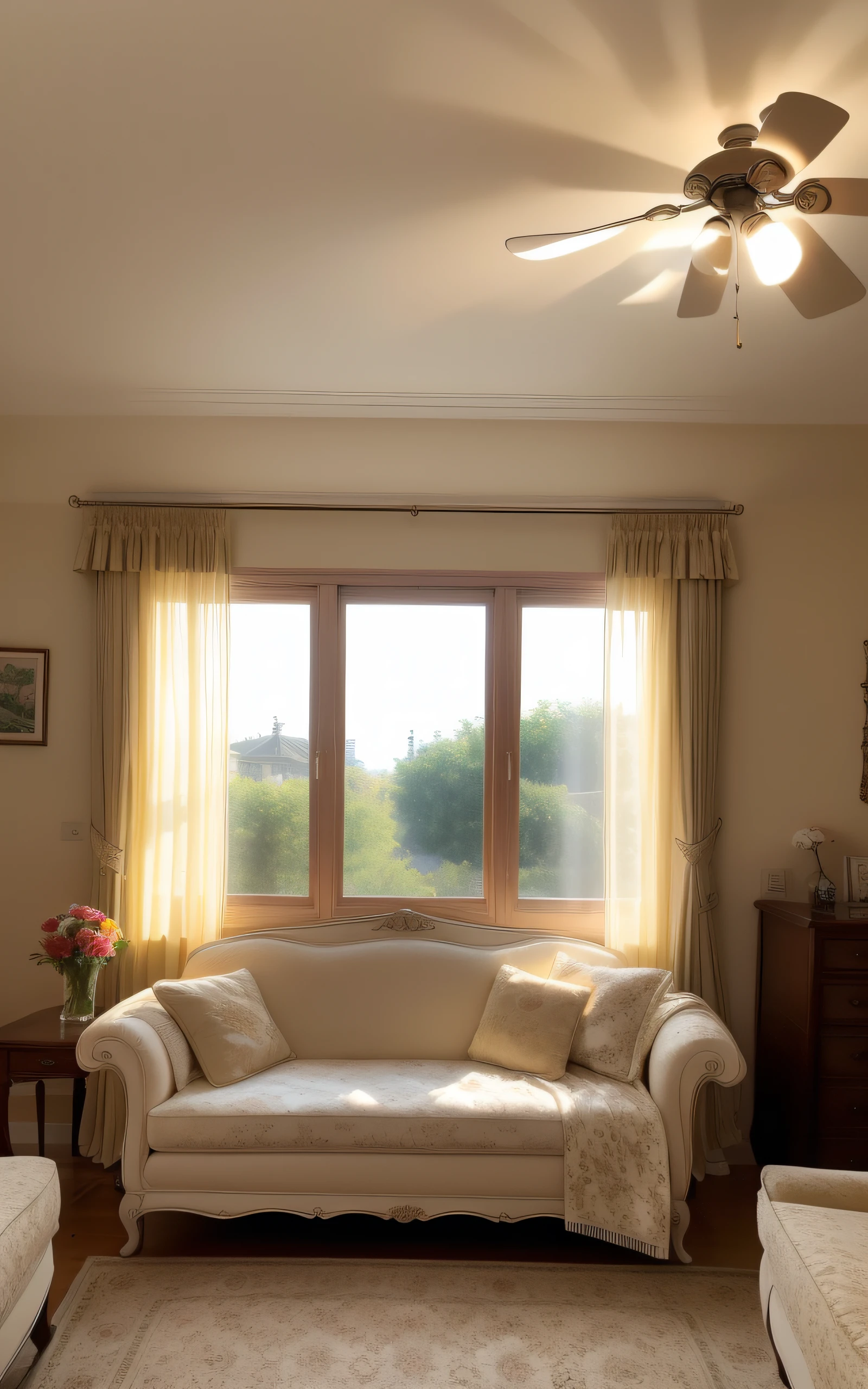 ((top-quality、masterpiece、photographrealistic:1.4、in 8K))、modern style living room, morning light shines through the window with swinging lace curtains. no people, sofa, furniture, bright sunshine,