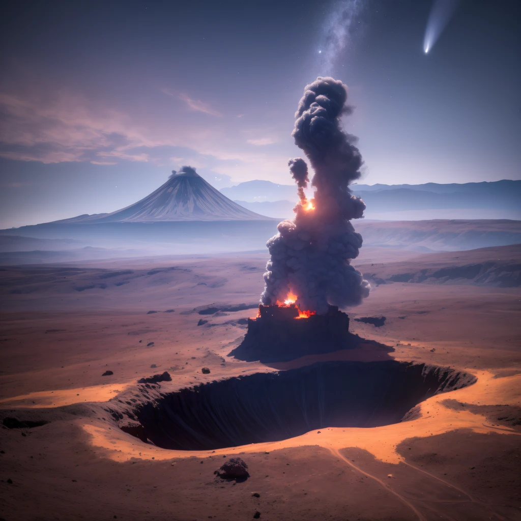 （（（The spacesuit is broken）））The astronaut，Alien base (Very detailed) In the mountainous desert，There are several exhaust fans and chimneys, Some spotlights come out of the base to illuminate dark places, (Extreme nights), Some clouds in the night sky, Some of the surrounding planets provide air to unknown planets，The farthest giant volcano is erupting（(The astronaut)）（（（The spacesuit is broken）））