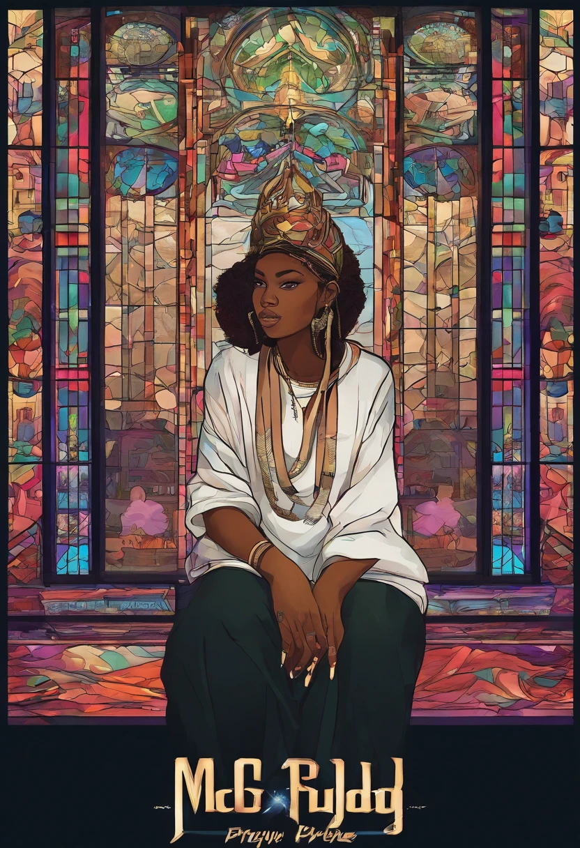 A dimly lit recording studio with a classic hip-hop vibe. There's an array of sound equipment and a microphone in the center. On the floor, a female rapper, MC Lyrical, kneels down in a prayer position, meditating before her performance. She's dressed in urban streetwear, with an air of confidence about her. Add some text on the top and bottom of the image to make it look like an album cover. The text should say 'MC Lyrical - Pray Before You Slay'