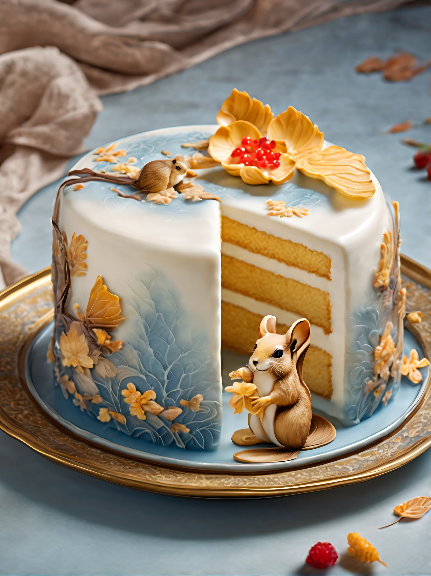 (A crystal cake on a crystal clear blue bone china plate), ,butterflys,morango,the fruits,Molten liquid,(Perfect integration:1.37),Rococo, Translucent cream cake rolls,With soft brown and light yellow tones, Reminiscent of a Chinese landscape painting.Dark background, Delicately served on a beautiful plate, The cake rolls are decorated with beautiful autumn leaves and squirrels,Looks lifelike. The traditional Chinese painting style shows precise details, And HD, The surreal visuals are almost 8K quality. The fluffy and light cake texture is complemented by a unique and intricate pattern, designs, The soft watercolor effect evokes a natural beauty.