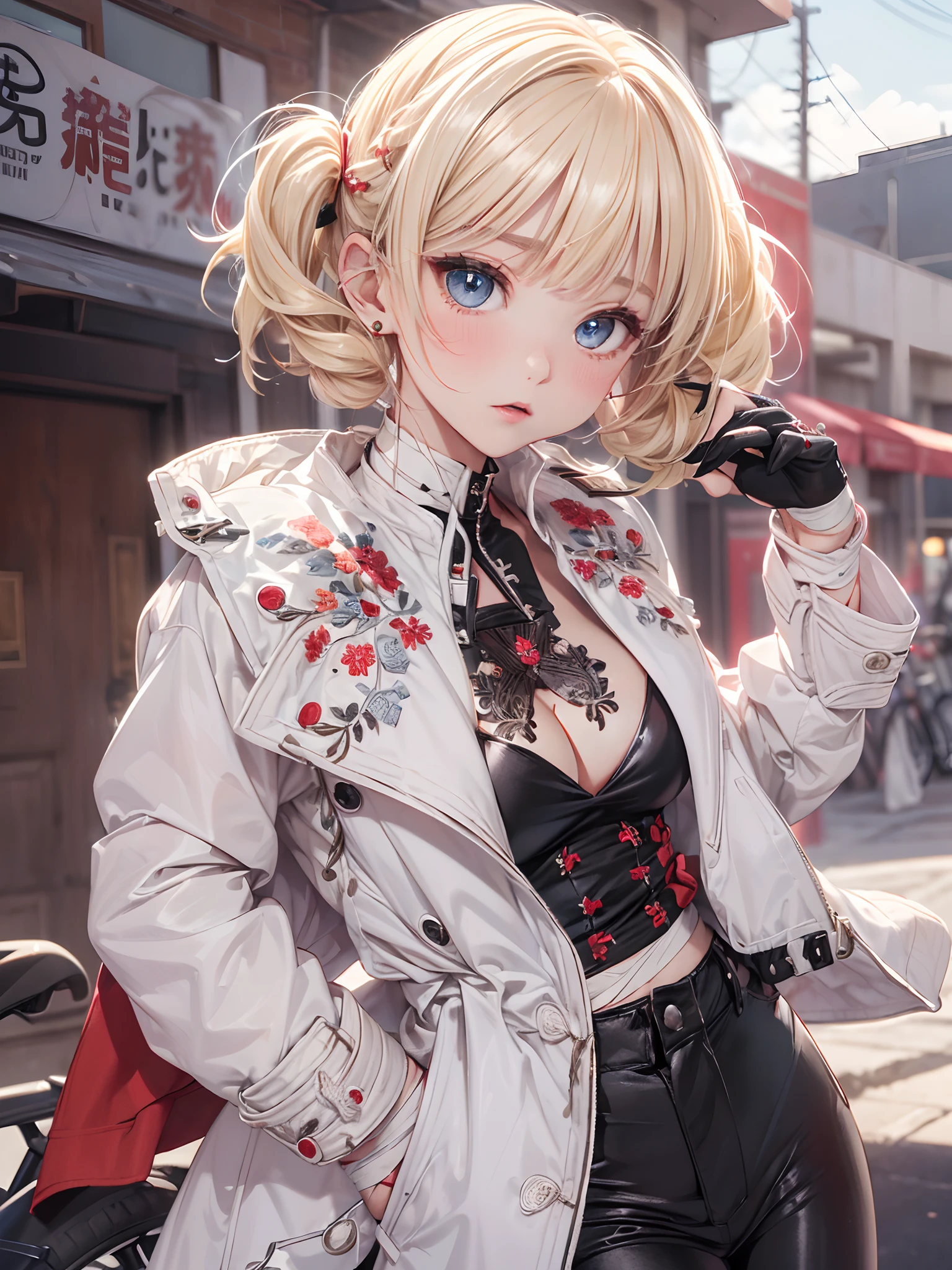 absurderes, (独奏:1.5,)ultra-detailliert,extremely beautiful detailed anime face and eyes,Short hair,(Bangs parted in the middle:1.4),(Blonde hair with short twin tails:1.3), Shiny hair, Delicate beautiful face, red blush、(Deep Blue Eyes:1.3), White skin, hair clips, earrings,(Letter Embroidery Costume:1.3), (long red coat:1.4), (Wrap a white bandage on the chest:1.3),(I can see the cleavage),(Black oversized pants:1.4), (Black Spike:1.2),  (Big Bike:1.2),Midnight parking lot,Dark scenery