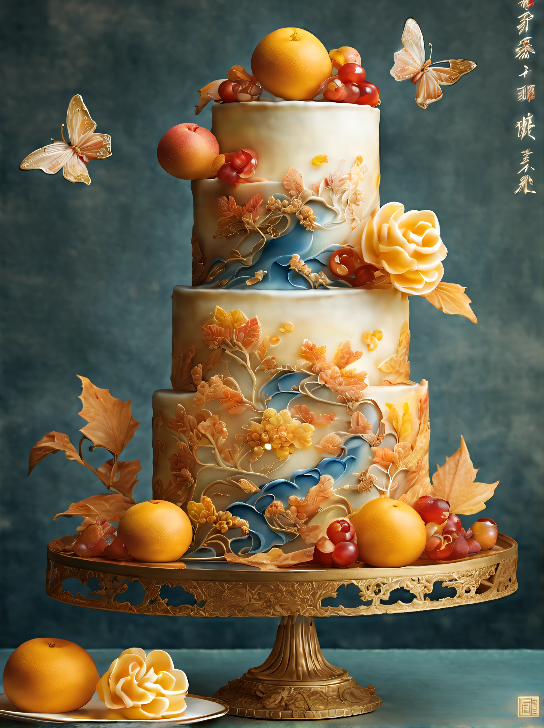 （（A 2-tier crystal cake with a blue bone china plate of Rococo））, （2层cream cake）（cream cake：1.37）， Translucent brioche，It has a soft brown and light yellow hue, Reminiscent of a Chinese landscape painting.Dark background, Delicately served on a beautiful rococo plate, The cake roll is decorated with beautiful autumn leaves and butterflies，morango，the fruits，Molten liquid，Looks lifelike. The traditional Chinese style of painting shows precise details, The fluffy and light cake texture is complemented by a unique and intricate pattern, designs, The soft watercolor effect evokes natural beauty.k hd, Surreal visuals，Cartoon primary colors，Illustration elements， 8K quality.