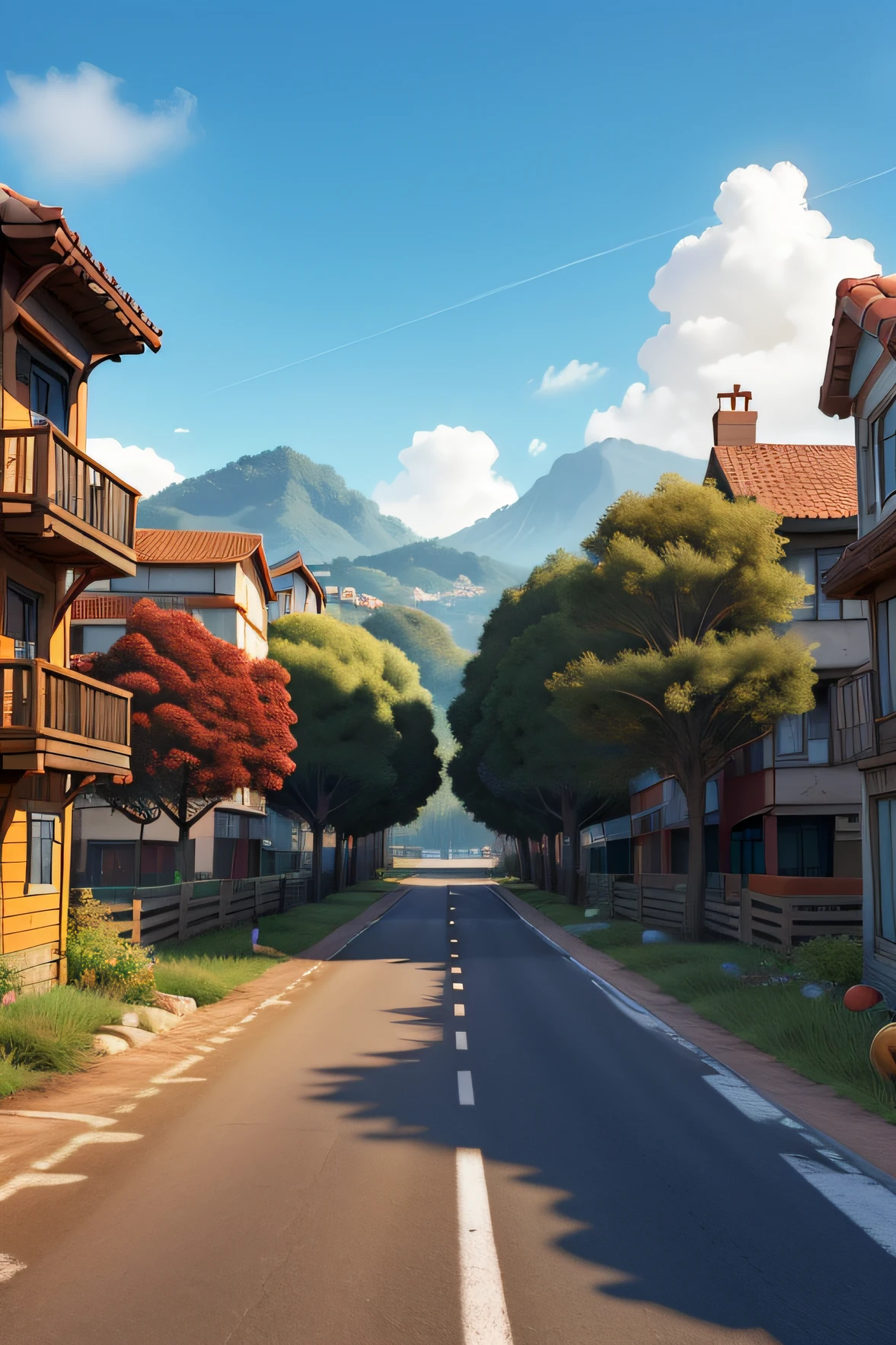 master part, melhor qualidade, alta qualidade, Very detailed, Casas, Buildings on both sides of the road, perspectiva, alta e baixa, arquitetura dos desenhos animados, illustration style, estilo de jogo, desenho em perspectiva. Fundo da cidade, arte conceitual Pixar,  Futurismo, Mobile Game, interface do jogo, Interface do jogo