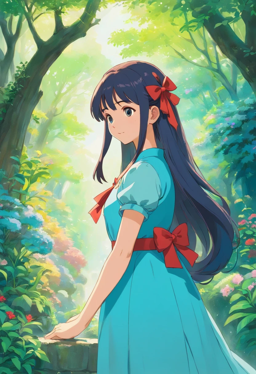 a girl wearing pretty dress, long hair in with red ribbon, in the style of tranquil gardenscapes, colorful animation stills, masami teraoka, aquamarine, paul gauguin, Embry style, honest portrayal, thomas kinkade