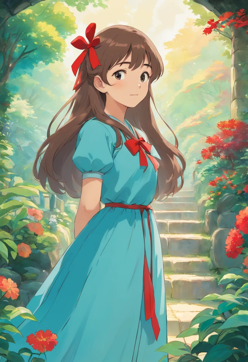 a girl wearing pretty dress, long hair in with red ribbon, in the style of tranquil gardenscapes, colorful animation stills, masami teraoka, aquamarine, paul gauguin, Embry style, honest portrayal, thomas kinkade