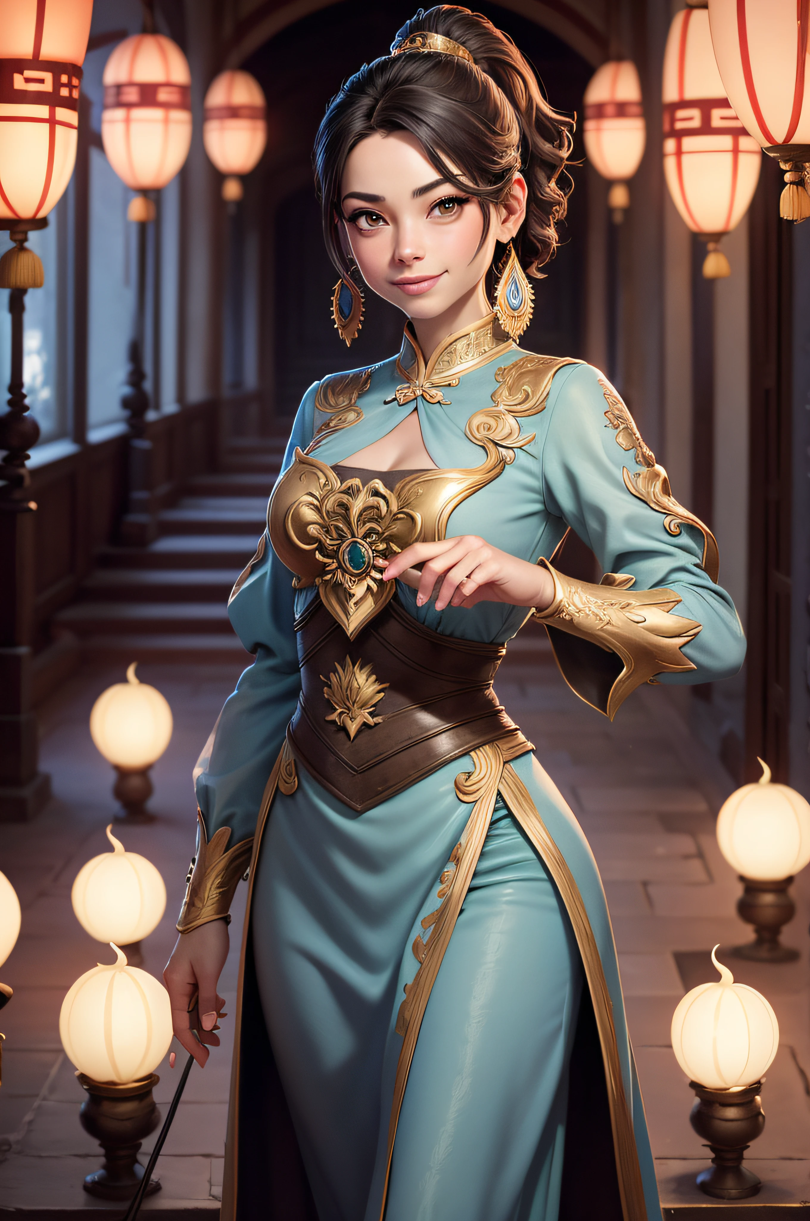 Kristin Kreuk, beau visage, Cheveux noirs longs avec ponytail avec des yeux verts, tenue en jean, golden looped earrings, vous regardant avec des yeux aimants et un doux sourire. L’arrière-plan est un ancien palais chinois entouré d’un paysage majestueux. Le palais doit être orné de tuiles vernissées, Statues de Bouddha, Lanternes. L’image finale doit être un chef-d’œuvre, avec des graphismes de haute qualité et des détails complexes qui transportent le spectateur dans un monde d’émerveillement et de magie, Lumière cinématographique, Rétroéclairé, micro-détails, Interprétation, cinématographique, 85mm 1.4