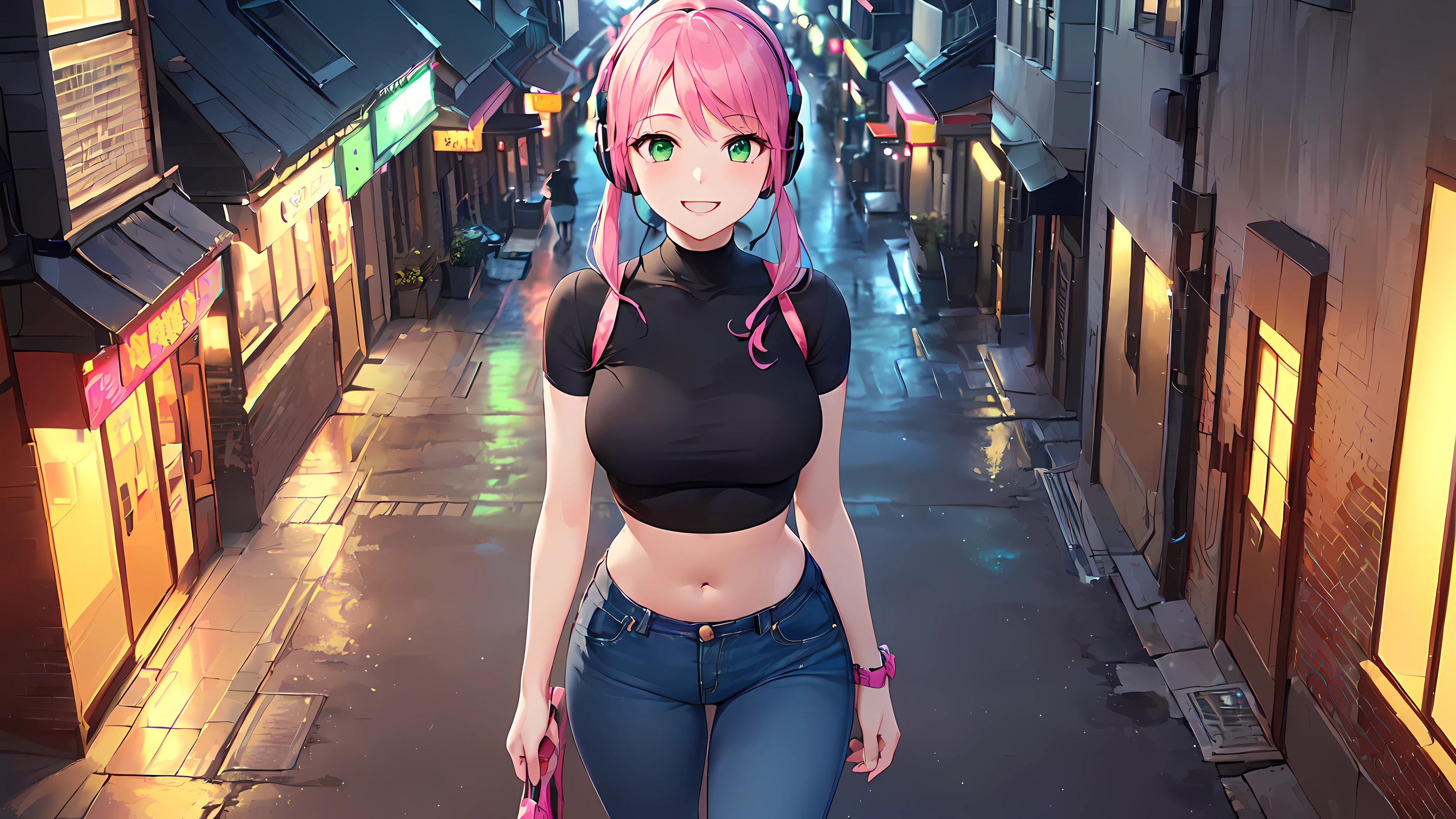 hd masterpiece, 1girl, ecchi girl ((20year old, dressed in a tight black crop top, tight blue jeans, sneakers, medium breasts:1.2, multicolor pink hair, twin ponytails, perfect model body:1.4, detailed green eyes:1.6, flirting, happy, big smile, wearing headphones, inspired by Yuumei,, looking up, walking down a busy city street during evening time:1.2, cowboy shot:1.3, tall buildings in the background:1.3, fun and exciting atmosphere:1.2)) ((solo:1.8)) ((evening time)) ((high camera angle, top view))