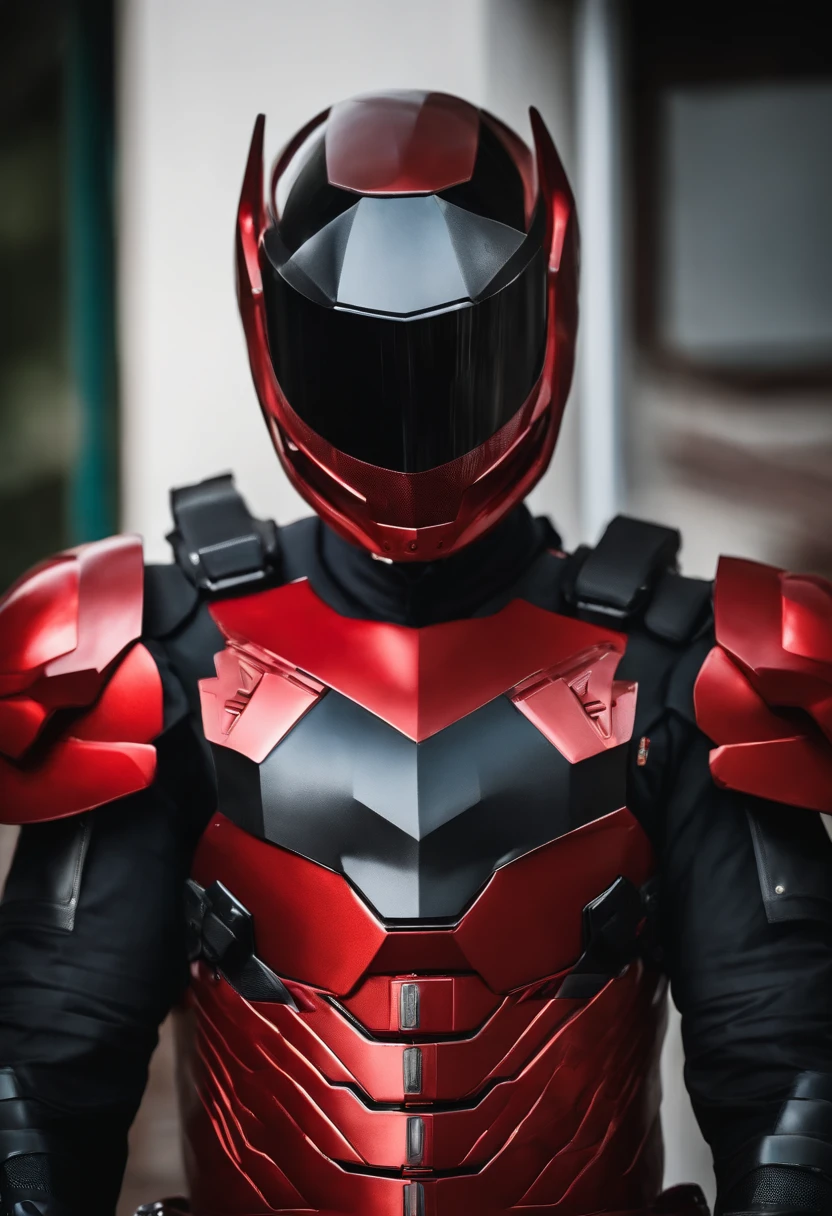 Traje rojo y negro con casco y gafas, un retrato de Tadashi Nakayama, tumblr, Shin Hanga, Armadura estilo Cyber Japan, High-tech red armor, cyber japan armor, Armadura roja, Zenkai de cuerpo completo! Traje de Asuka, Dama con armadura roja, Armadura plateada y ropa roja, tokusatsu, Armadura de demonio rojo. Rodeado de electricidad. FONDO: fin del mundo. FONDO: explosiones.