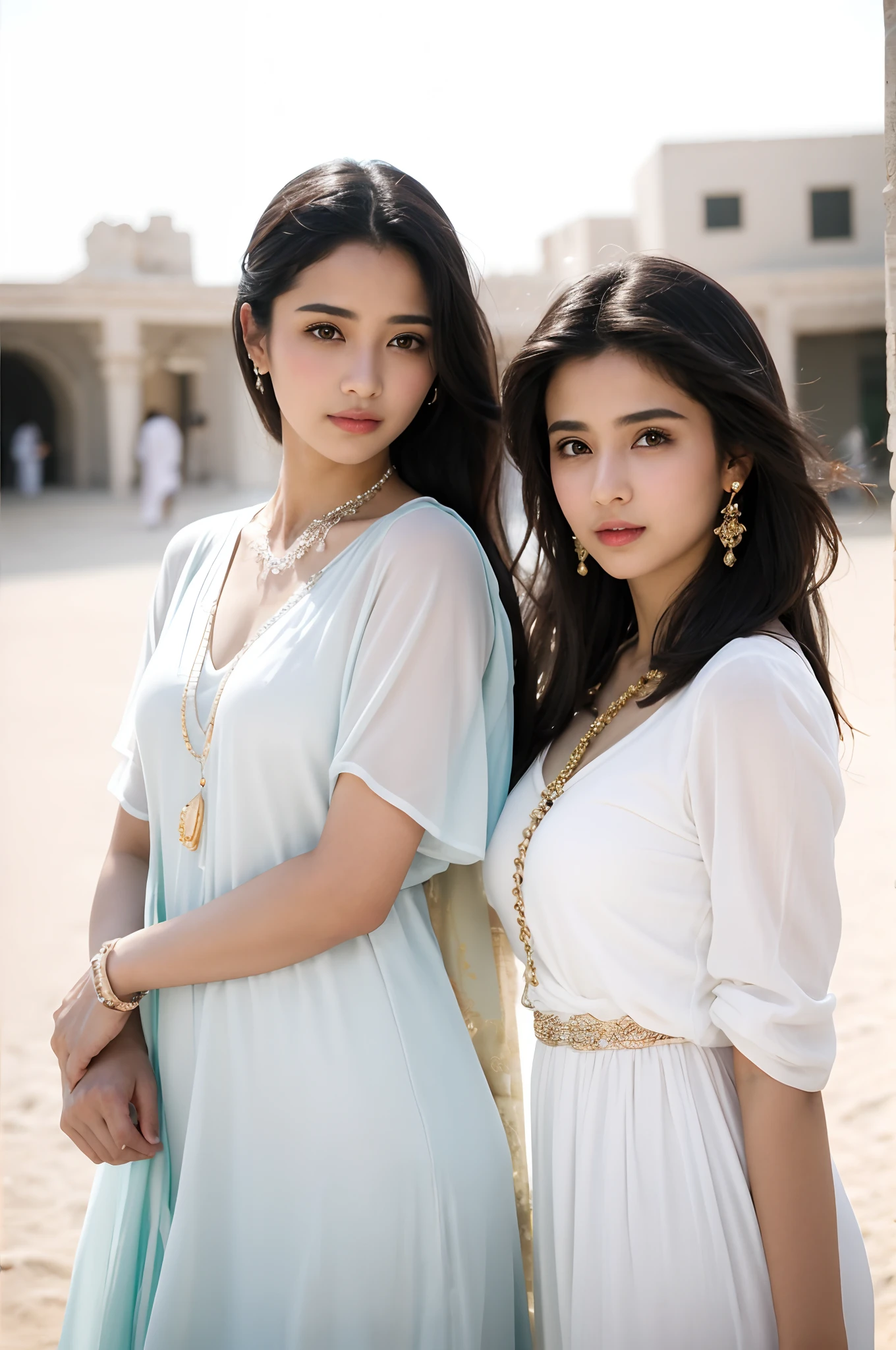 Two very beautiful Saudi girls,leering:1.4, Hair_decorations, jewelry,full bodyesbian,Best quality, Masterpiece, 超高分辨率, (Photorealistic:1.4)In the dark, deepshadow, low tune,Upper body