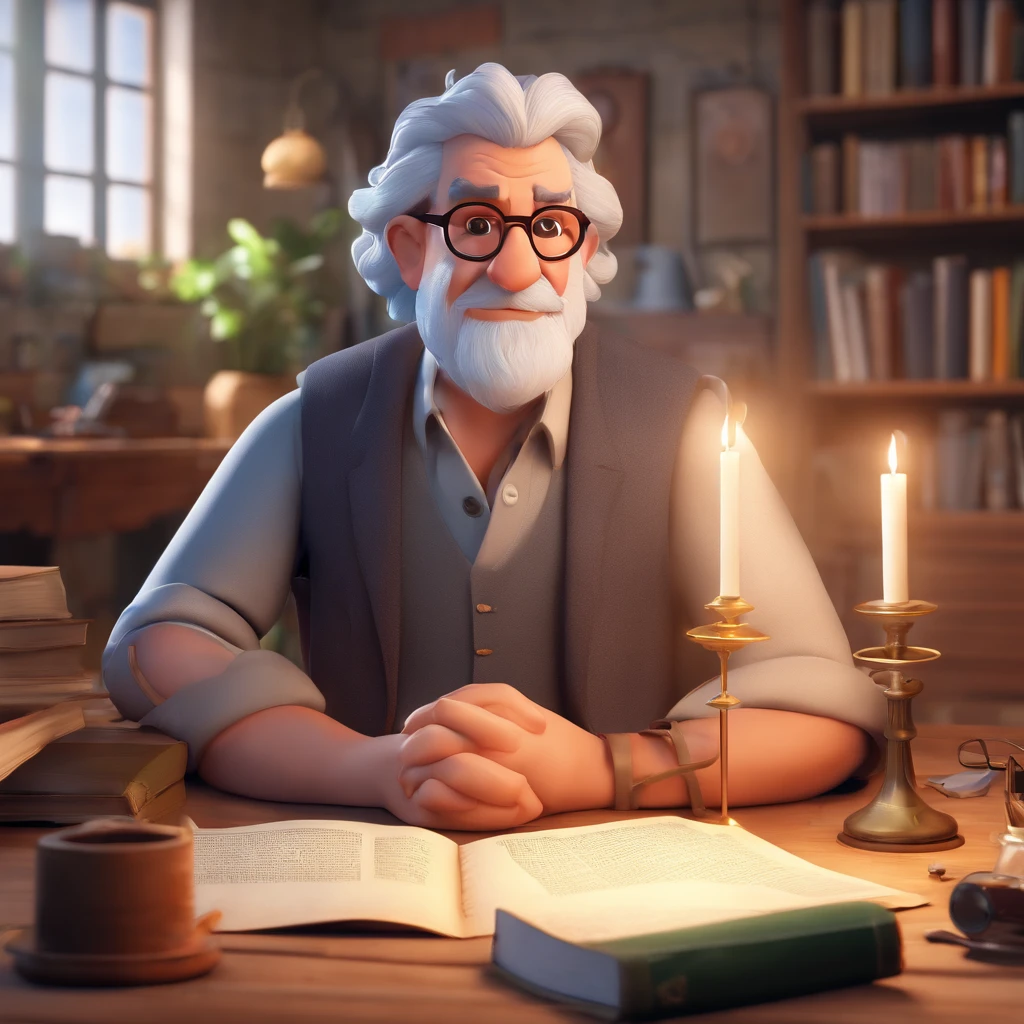 Crie um cartaz inspirado na Disney Pixar com o personagem sendo o pastor Rubens Janier, A gray-haired man wearing glasses, in an office with a Bible on the table, Looking forward and serious