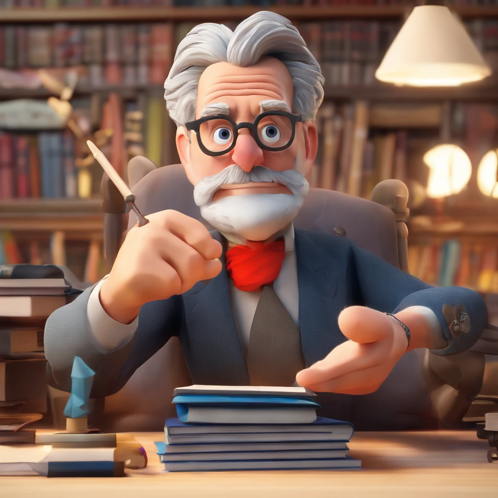 Crie um cartaz inspirado na Disney Pixar com o personagem sendo o pastor Rubens Janier, A gray-haired man wearing glasses, in an office with a Bible on the table, Looking forward and serious