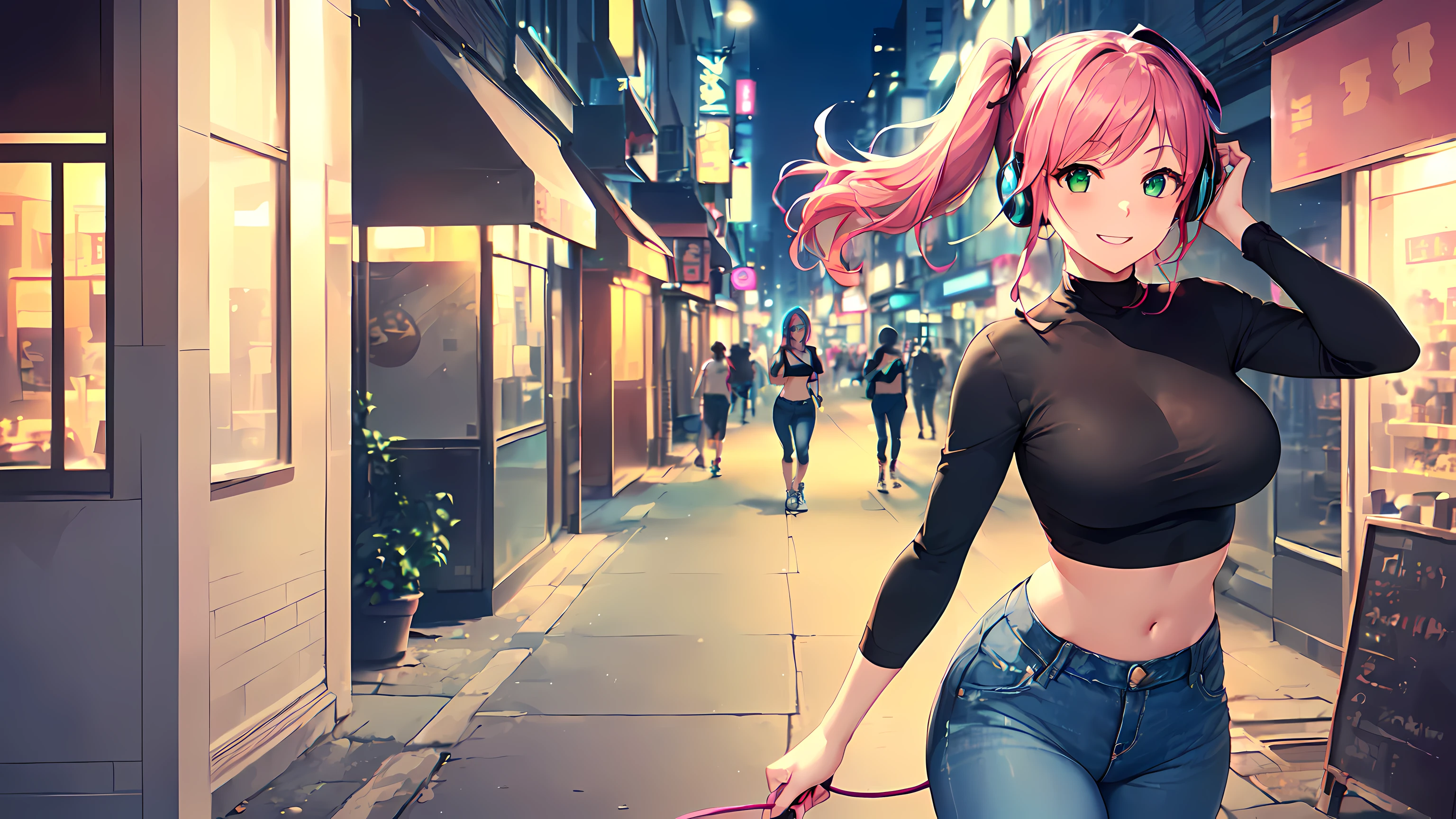 hd masterpiece, 1girl, ecchi girl ((20year old, dressed in a tight black crop top, tight blue jeans, sneakers, medium breasts:1.2, multicolor pink hair, twin ponytails, perfect model body:1.4, detailed green eyes:1.6, flirting, happy, big smile, wearing headphones, inspired by Yuumei,, looking up, walking down a busy city street during evening time:1.2, cowboy shot:1.3, tall buildings in the background:1.3, fun and exciting atmosphere:1.2)) ((solo:1.8)) ((evening time)) ((high camera angle, top view))
