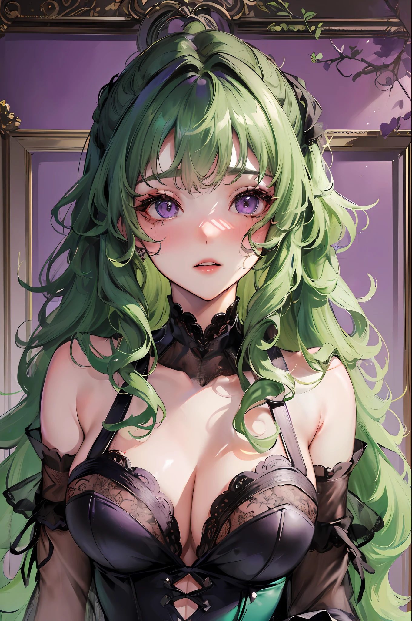 (high detailed, masterpiece) Green hair girl with (curly hair) and (purple eyes), wearing a (beautiful elegant not revealing black dress), the dress featuring (lots of details), (long sleeves like gloves) with (blushes on her cheeks). Focus on her (beautiful face). Medium breast, full body picture, showcasing the dress