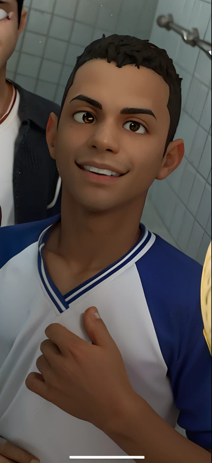 There are two boys standing in a bathroom holding a banana, mateus 9 5, caio santos, icaro carvalho, Ronaldo Nazario Fenomeno, Parece Fabiula Nascimento, Carmelo Blandino, Mohamed Reda, Ronaldo Phenomenon, Riyahd Cassiem, luis melo, em torno de 1 9 anos