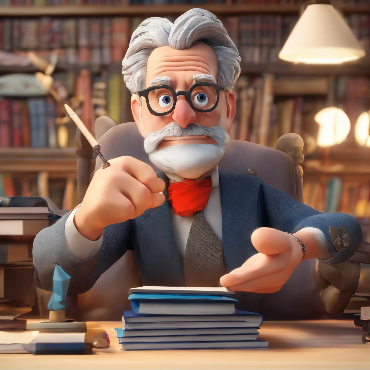 Crie um cartaz inspirado na Disney Pixar com o personagem sendo o pastor Rubens Janier, A gray-haired man wearing glasses, in an office with a Bible on the table, Looking forward and serious