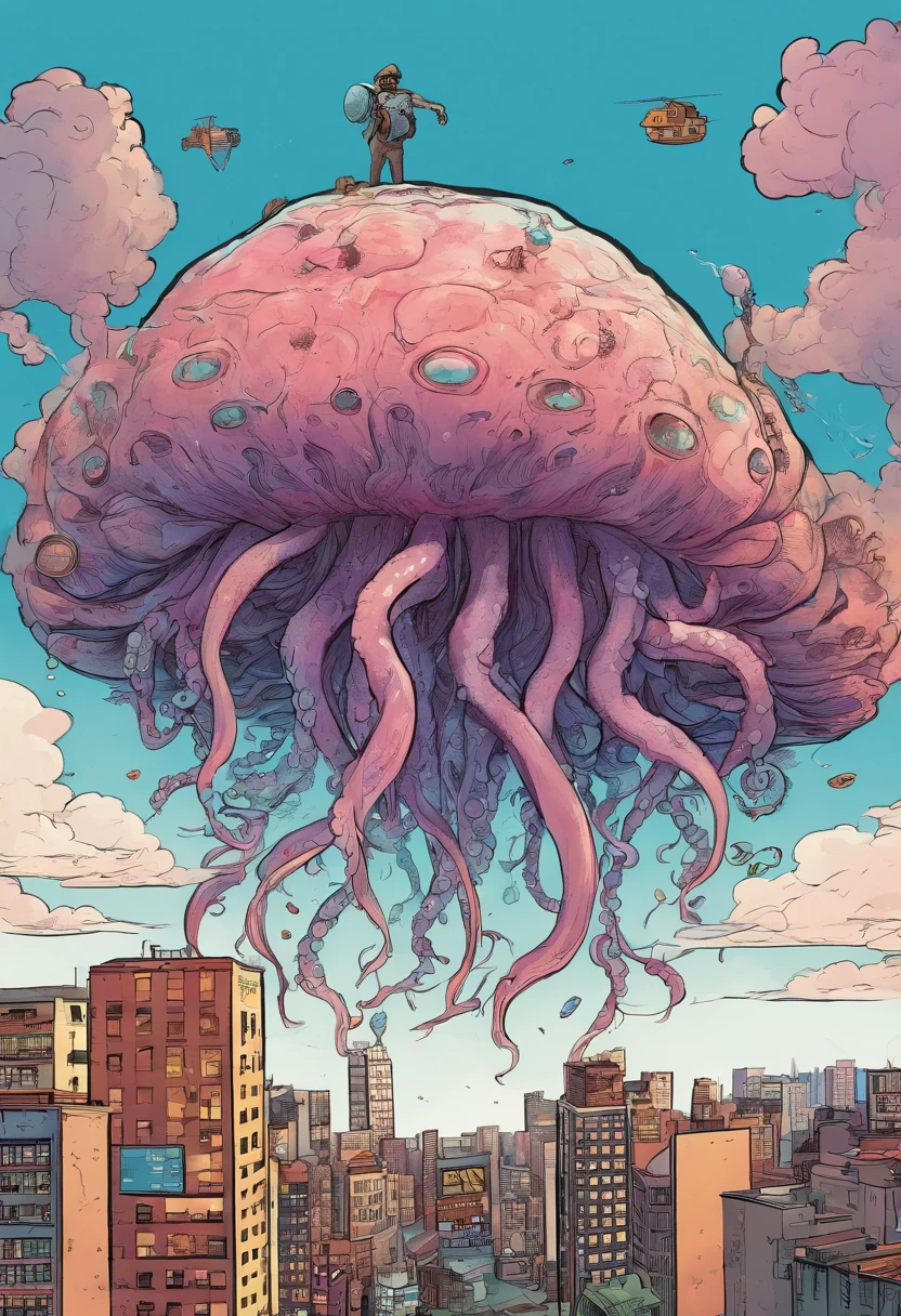 Comics, Estilo Skottie young, apocalyptic scenery, Cities destroyed, Giant jellyfish with tentacles, In the background, man on top of a sign on top of a building 4K resolution