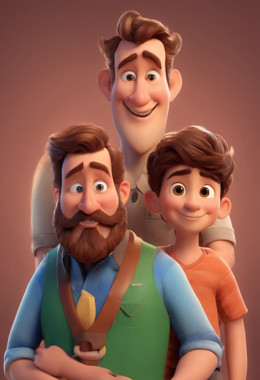 Estilo Pixar: Adult man with beard and brown hair is holding a boy with big brown eyes, 3D Poster,Disney