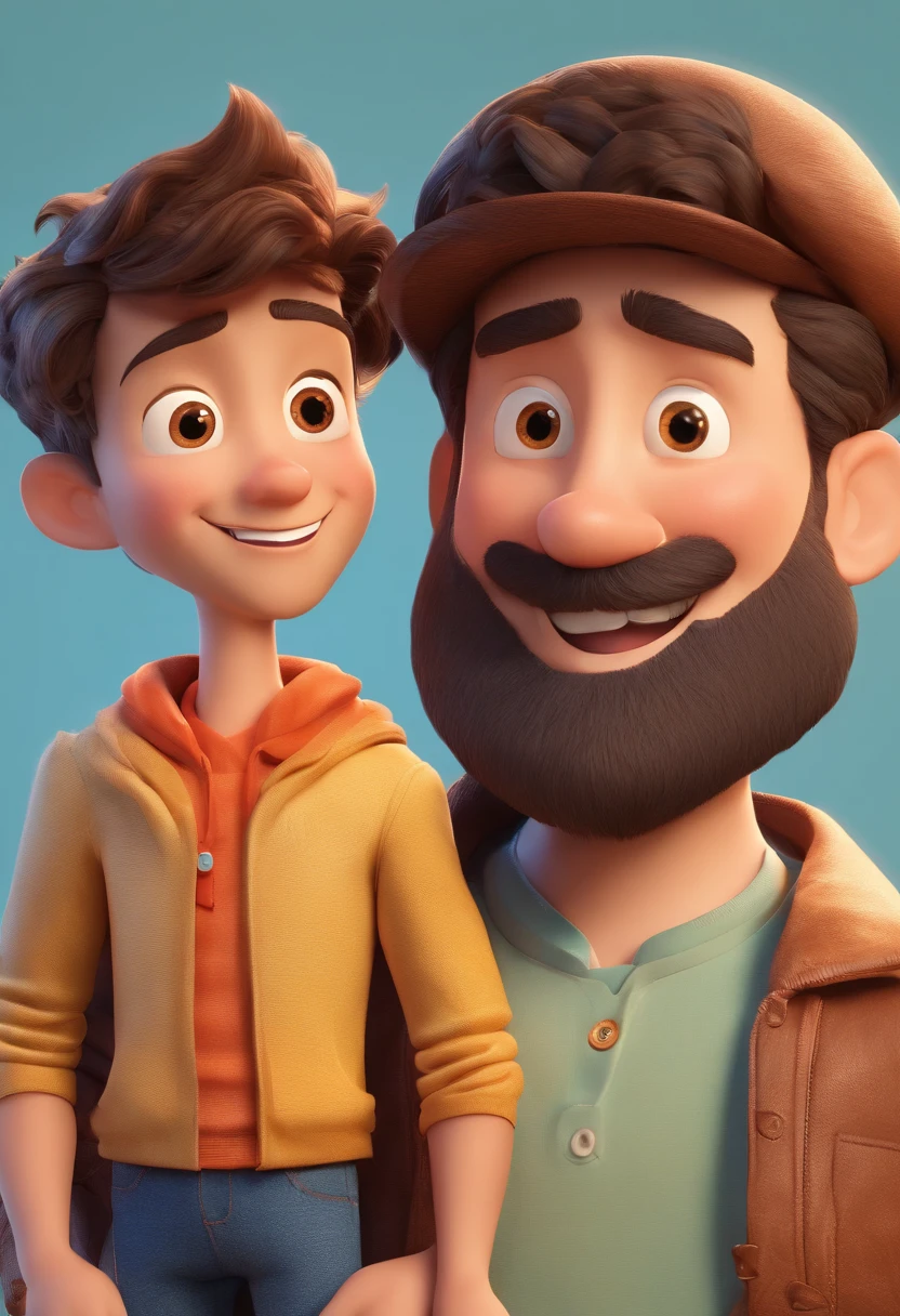 Estilo Pixar: Adult man with beard and brown hair is holding a boy with big brown eyes, 3D Poster,Disney
