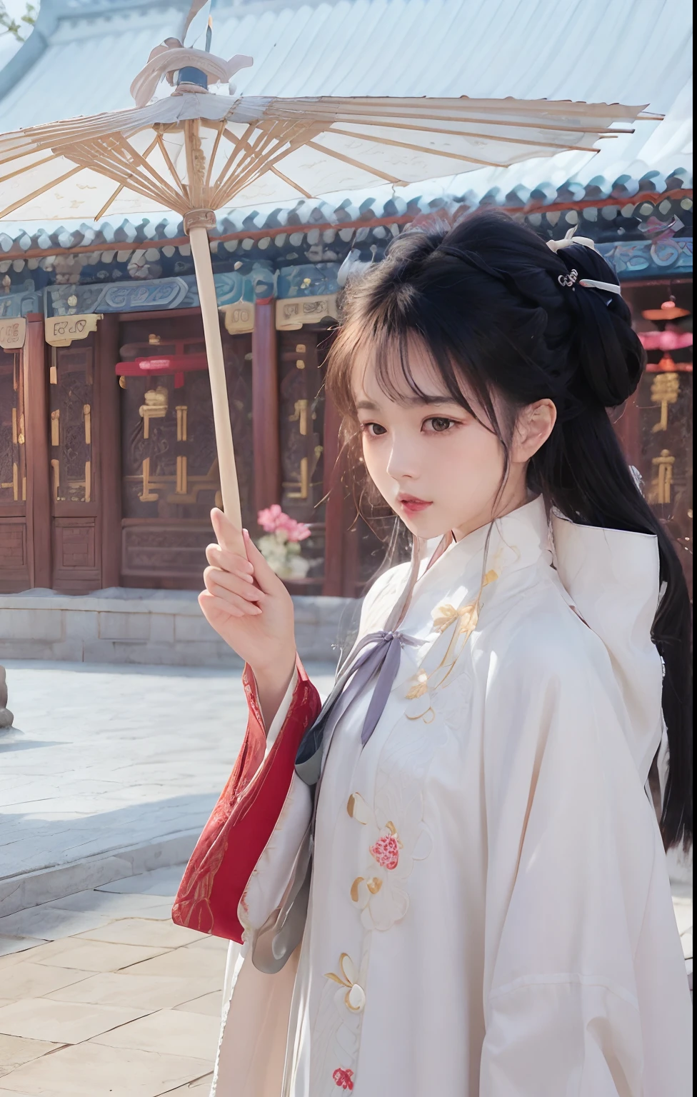 Woman in traditional Chinese costume holding an umbrella in front of a building, Palace , A girl in Hanfu, White Hanfu, Hanfu, Wearing ancient Chinese clothes, Traditional Chinese clothing, with acient chinese clothes, Chinese girl, Chinese traditional, Chinese woman, Inspired by Qiu Ying, Chinese costume, Princesa chinesa antiga, China Princess, Chinese style