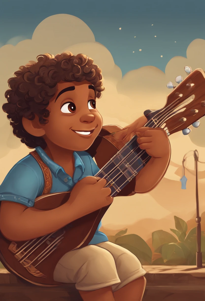 crie um banner no estilo Pixar. A boy with Indian features, moreno pardo com cabelos curtos, Castanhos escuros, Curly and slightly grayish appearance, mas jovem, usando uma camiseta, Wearing jeans and holding a classical guitar with 7 strings.