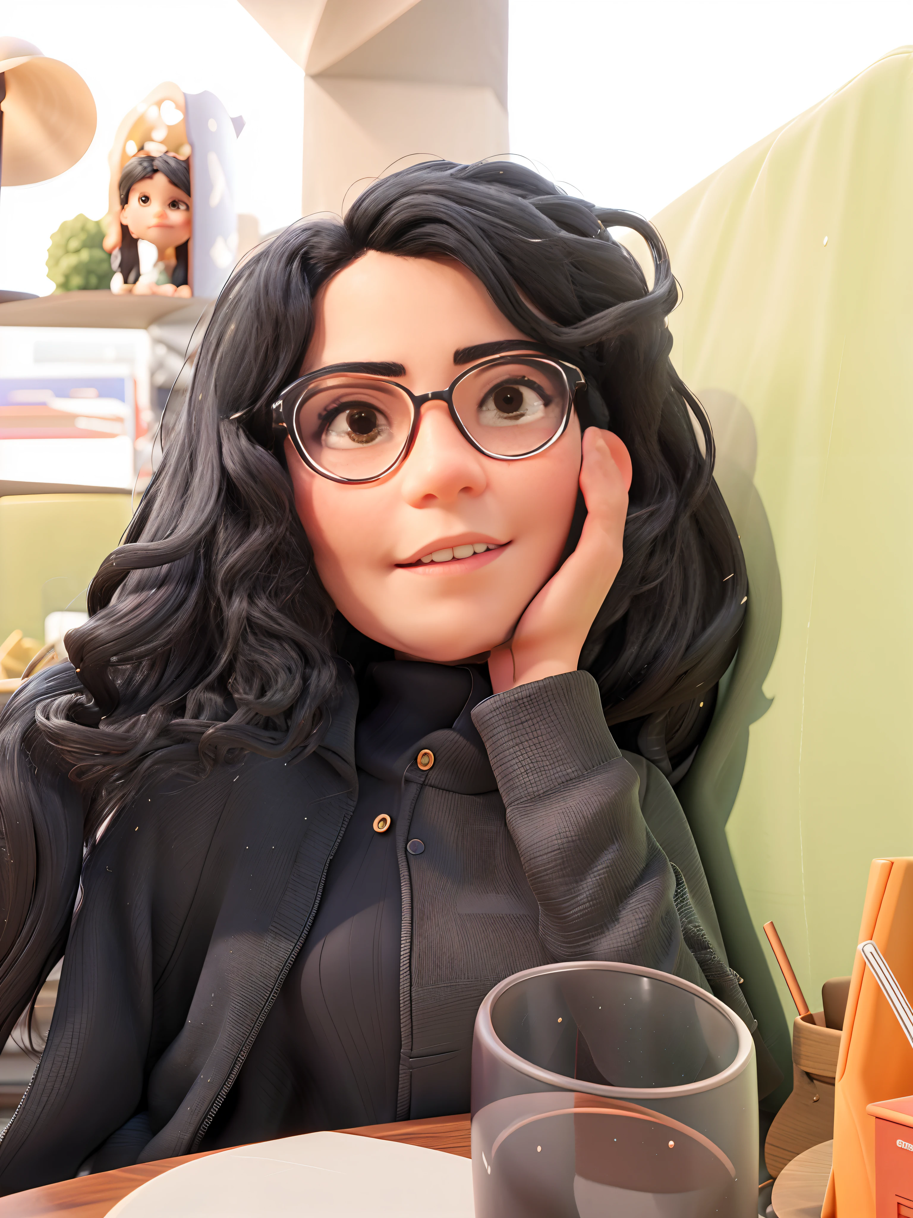 There's a young woman in glasses and a black top posing for a photo,Long Wavy Dark Black Hair Brown Eyes Medium Skin Ultra Realistic Skin 8K Resolution