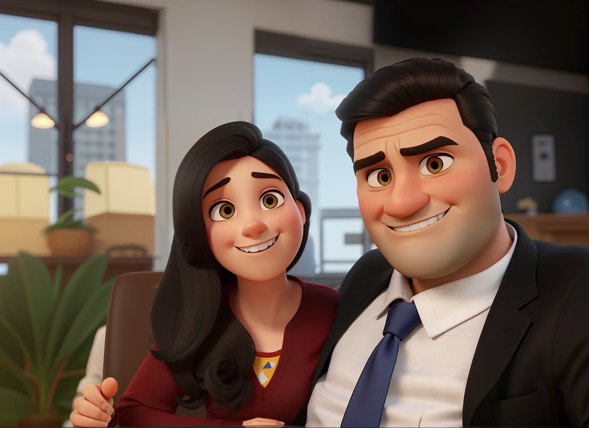 Um homem estilo pixar de terno, branco, cabelo preto liso curto, de terno preto, blusa branca, gravata preta, segurando uma pasta, It's a Pixar-style woman, cabelo castanho liso longo, branca, olhos castanho, the two standing on the background of a New York street holding hands