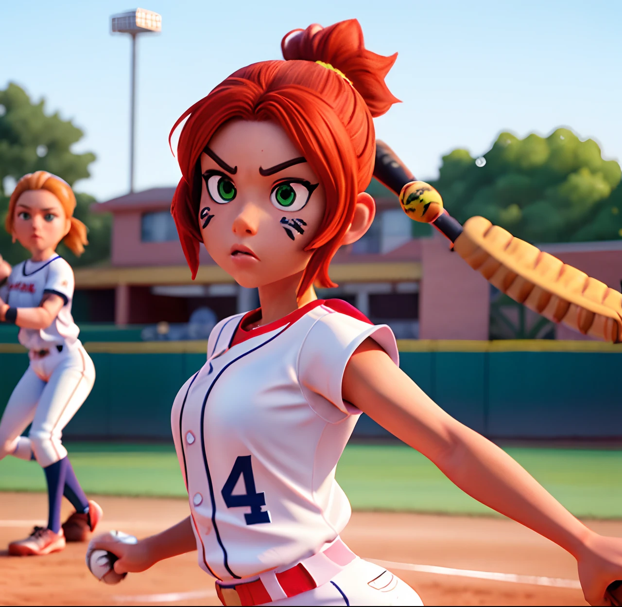 Masterpiece, (watercolor:1.3), (short stack:1.1), forward facing, eyes on camera, serious expression, (action shot:1.4) , (upper body strength:1.3), contrapposto (tattoo:1), softball pitcher, auburn hair, green eyes, (string bikini:1), pitching a softball at viewer, (focus on softball in foreground:1.4), sunny, natural lighting, High definition, excellent resolution, excellent quality, insane detail, semi realistic, postprocessed, crisp face, facial features, extremely detailed, facial features