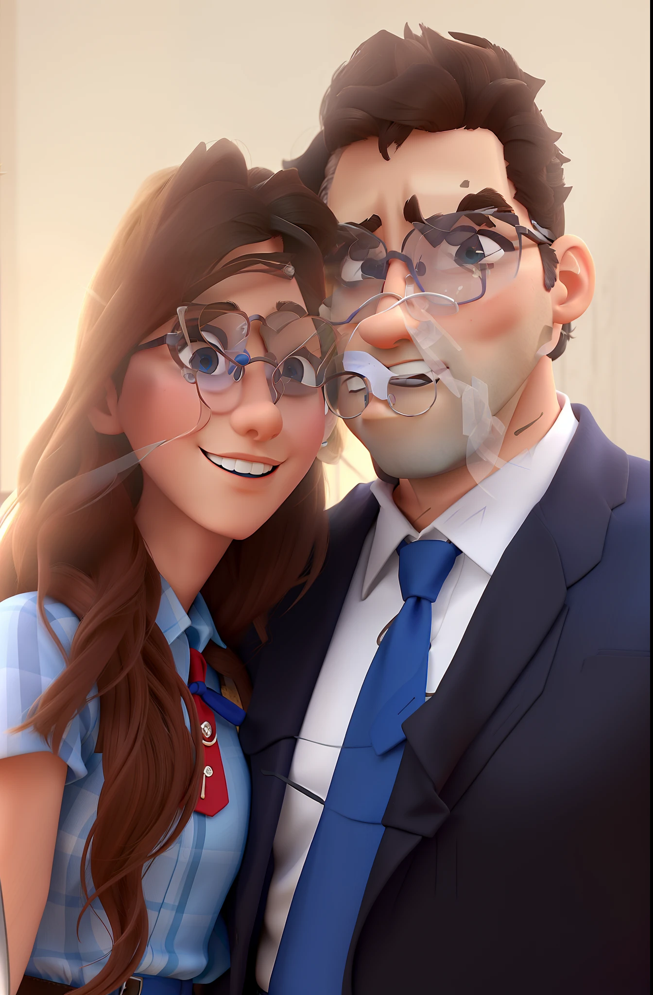 casal homem de bone bege, Blue shirt and round glasses, mulher com cabelo loiro e oculos redondo e vestido vermelho