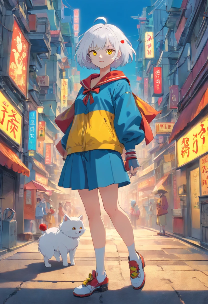 1girl, (masterpiece), white hair, short hair, yellow eyes, Clown outfit, Clown, cyberpunk city, Full body