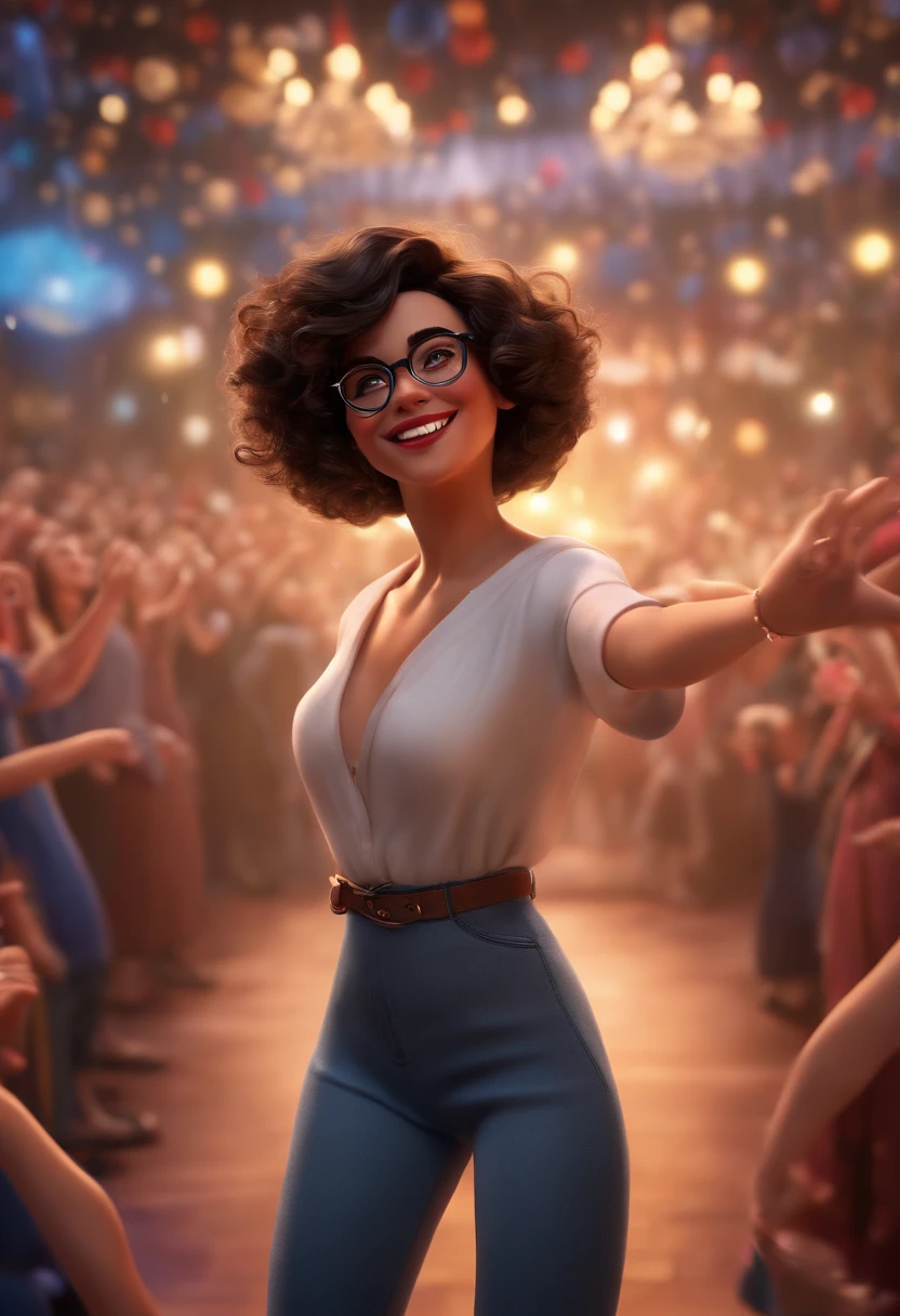 "(best quality,ultra-detailed,realistic:1.37),3D rendering,illustration,character design,short dark curly hair,beautiful detailed eyes,wearing white glasses,pixar style,morena woman,dancing on the Disney stage,lively atmosphere,vivid colors,stage lights,joyful expression"