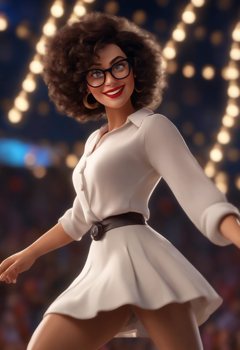 "(best quality,ultra-detailed,realistic:1.37),3D rendering,illustration,character design,short dark curly hair,beautiful detailed eyes,wearing white glasses,pixar style,morena woman,dancing on the Disney stage,lively atmosphere,vivid colors,stage lights,joyful expression"