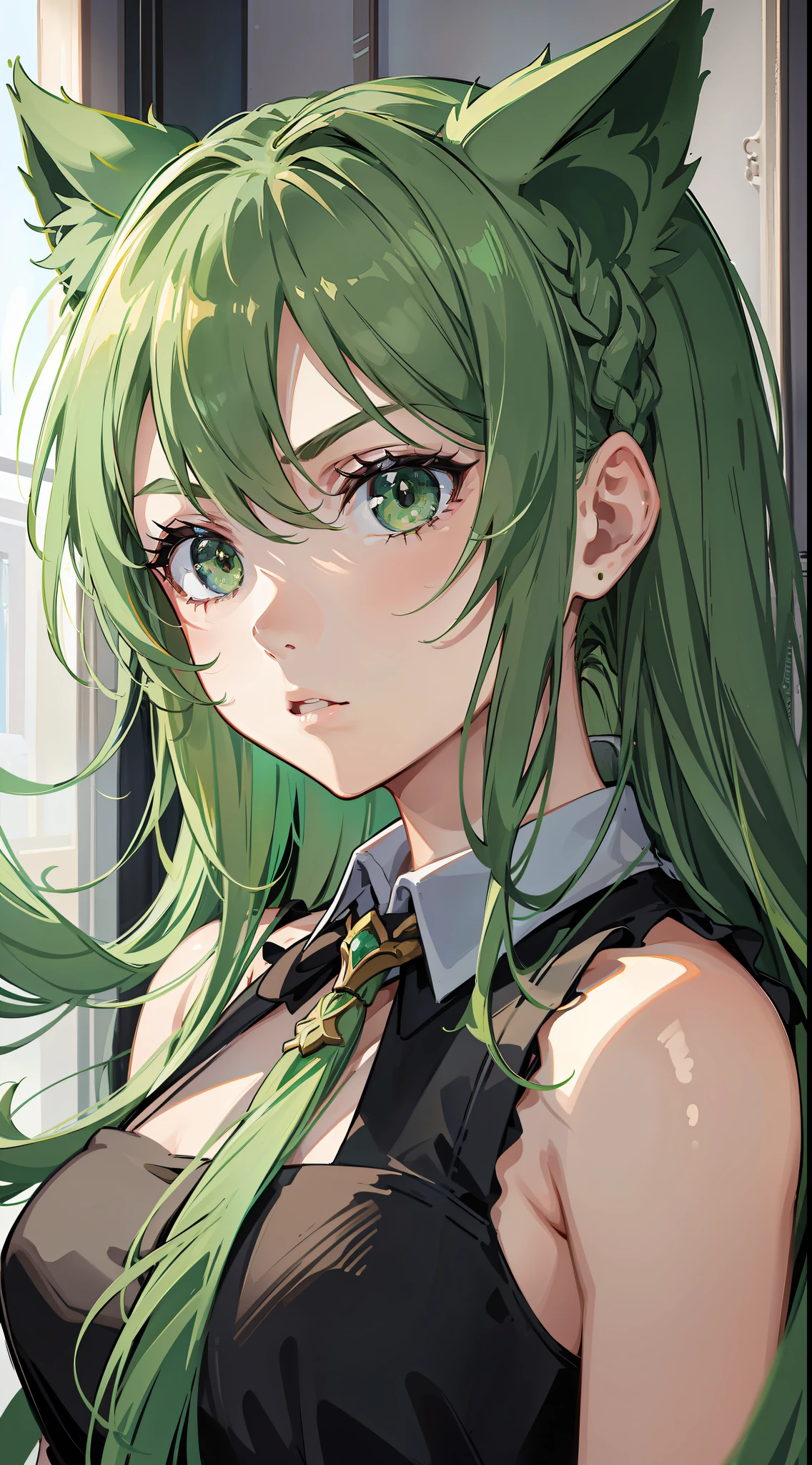 Young girl, long green hair, green eyes, cat ears, sleeveless combat dress, bow, serious look, masterpiece, high quality