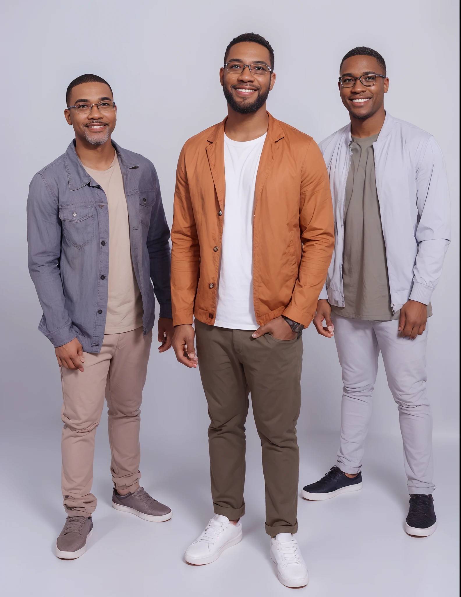 Pixar style image with 3D character three black boys with shaved hair, the one in the middle and on the right are twins, Except that the middle one wears a beard and wears glasses and the one on the right wears glasses and doesn't wear a beard. The three of them are smiling at the camera Disney Makeup,Pescador, adolable, sorridente ,Close-up, Pixar, Disney, Cinema lighting. Add the sign Here comes Trio Júlio the movie