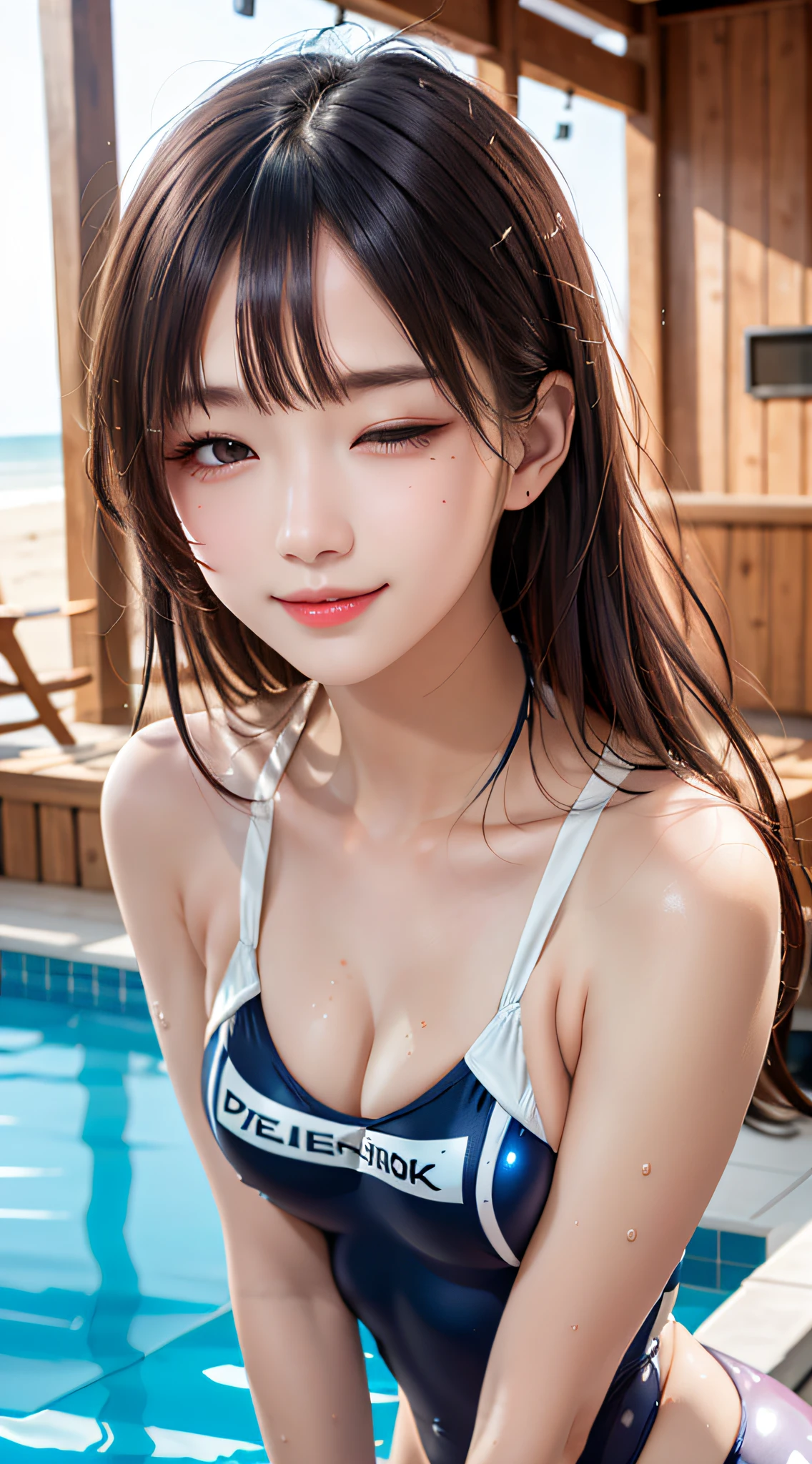 beach, 1girl:1.3, slender body, perfect body, (small breasts), thin thighs, small face, (one eye closed, wink), BREAK, woman wearing(Detail Competitive swimwear:1.5), (one-piece swimsuit:1.2), (high-leg swimsuit:1.2), (light reflections:1.4), highleg panties, (glossy:1.5), show cleavage, dark-brown hair, semi-long hair, BREAK, (Natural Skin Texture, shiny-skin, Detailed skin, black eyes, shiny-lipgloss, closes mouth, Smile happily, face perfect, thin lips, small face, upper-body shot, (8K, high resolution, Best Quality, masterpiece:1.2), RAW, portrait, high resolution, top-quality, Hyper-Realism, (Photorealistic:1.3), intricate detailed, ultra sharpness, depth of fields, facing front, face focus up