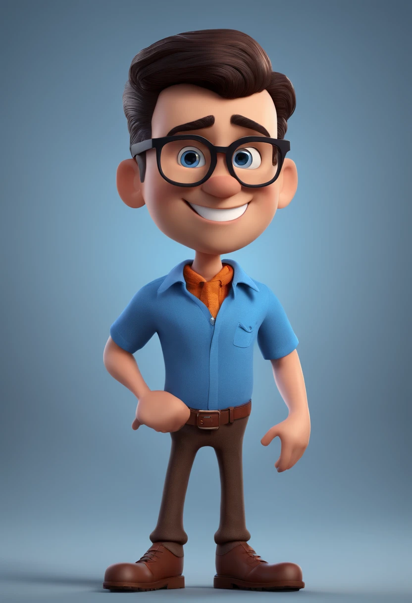 Cartoon character of a man with black glasses and a blue shirt, animation character, Caractere estilizado, animation style rendering, 3D estilizado, Arnold Maya render, 3 d render stylized, toon render keyshot, Personagem 3D, Personagem 3D, 3d rendering stylized, 3 d character render, personagem de desenho animado, Personagem de close up, Pose de personagem, (Estilo Pixar) (master part:1.2) (Bokeh) (best quality) (pele detalhada) (textura detalhada) (8k) (argila) (Cinematic lighting) (foco nítido