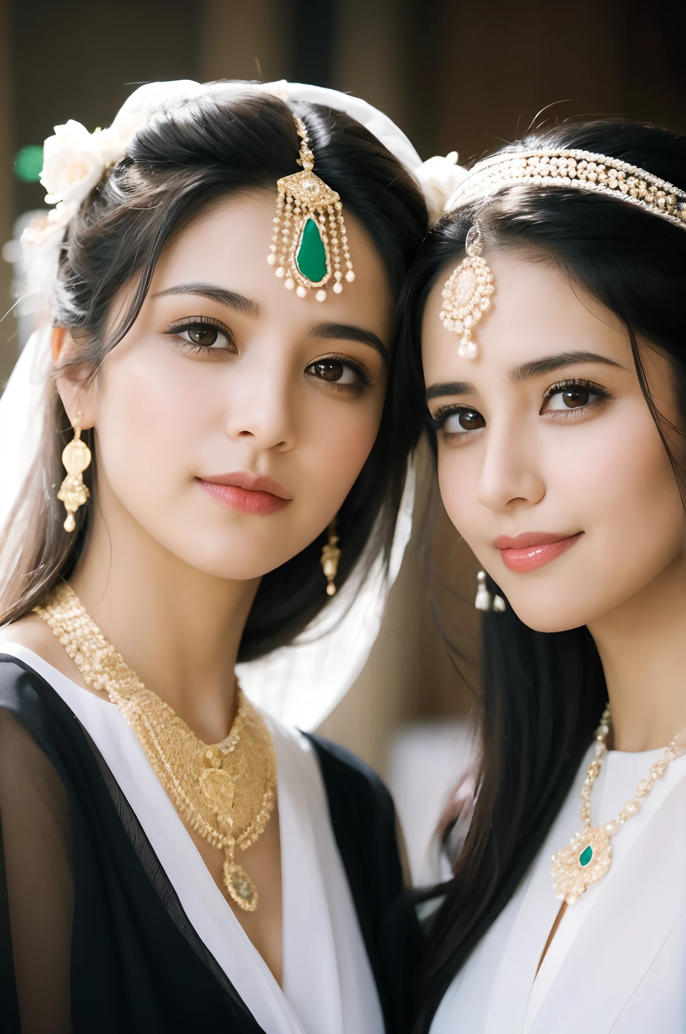 Two very beautiful Saudi girls,leering:1.4, Hair_decorations, jewelry,full bodyesbian,Best quality, Masterpiece, 超高分辨率, (Photorealistic:1.4)In the dark, deepshadow, low tune,Upper body