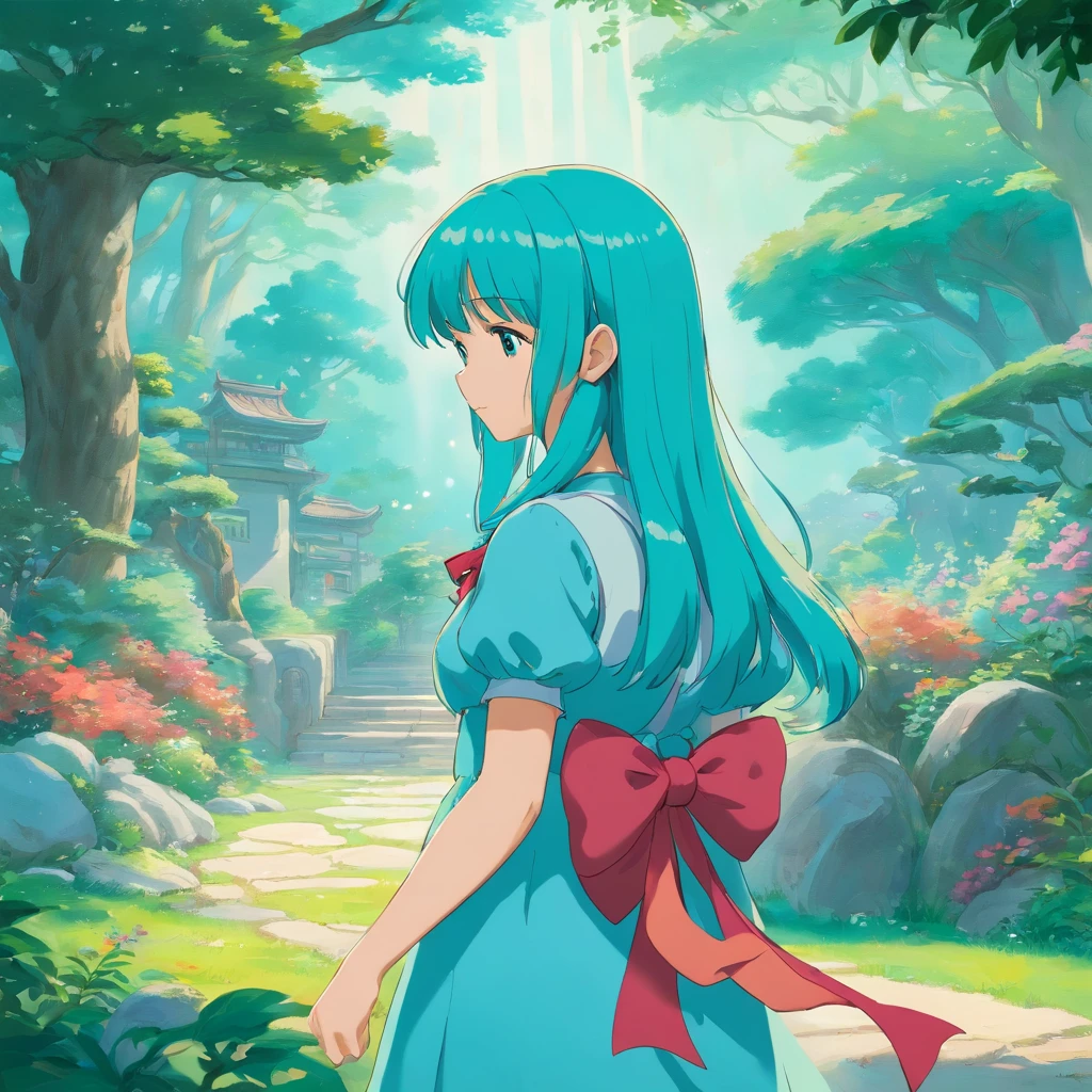 a girl wearing pretty dress, long hair in with one ribbon as accessories, in the style of tranquil gardenscapes, colorful animation stills, masami teraoka, aquamarine, paul gauguin, Embry style, honest portrayal, thomas kinkade