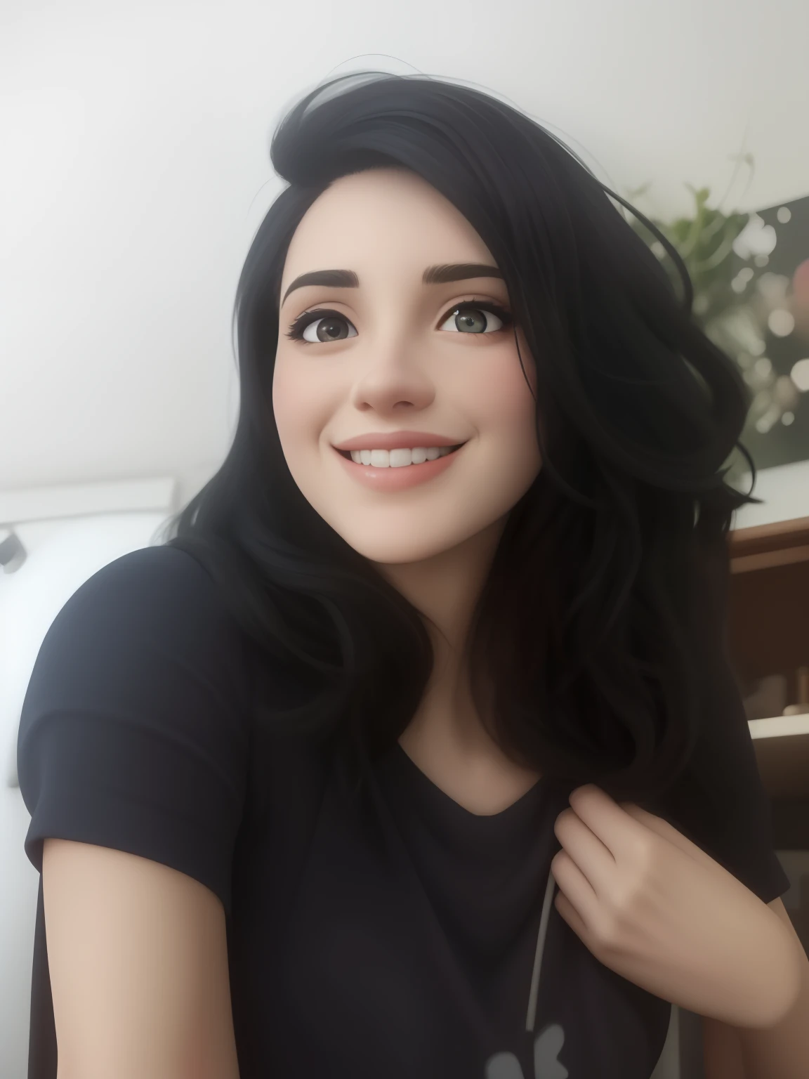 Uma mulher de 30 anos, com cabelos castanhos curtos, Rosto redondo, rosto redondo com sorriso encantador, e olhos castanhos