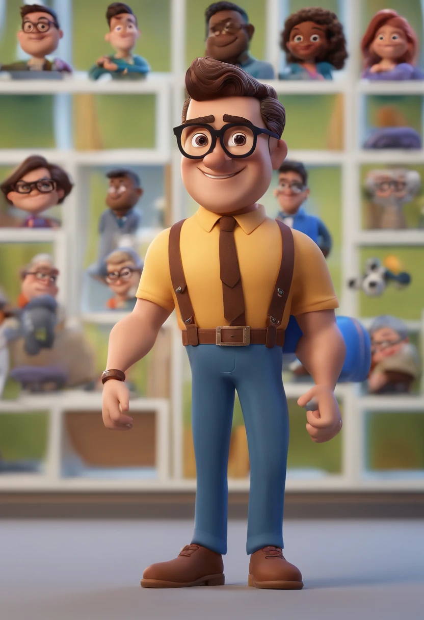 Cartoon character of a man with black glasses and a blue shirt, animation character, Caractere estilizado, animation style rendering, 3D estilizado, Arnold Maya render, 3 d render stylized, toon render keyshot, Personagem 3D, Personagem 3D, 3d rendering stylized, 3 d character render, personagem de desenho animado, Personagem de close up, Pose de personagem, (Estilo Pixar) (master part:1.2) (Bokeh) (best quality) (pele detalhada) (textura detalhada) (8k) (argila) (Cinematic lighting) (foco nítido