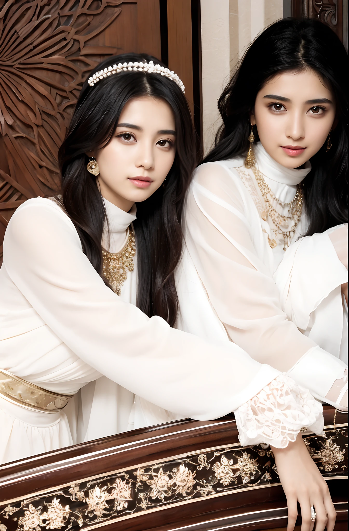 Two very beautiful Saudi girls,leering:1.4, Hair_decorations, jewelry,full bodyesbian,Best quality, Masterpiece, 超高分辨率, (Photorealistic:1.4)In the dark, deepshadow, low tune,Upper body