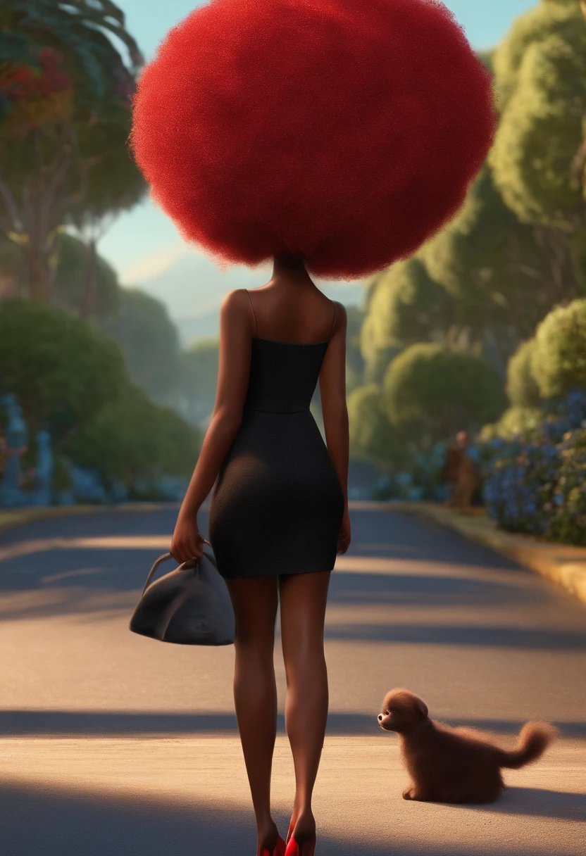 Um filme inspirado na Disney Pixar ( NEGRA JOVEM COM CABELO LONGO ANDULADO PRETO COM VESTIDO VERMELHO) dentro A cena estar na arte distinta do estilo PIXAR, descolada e estilosa