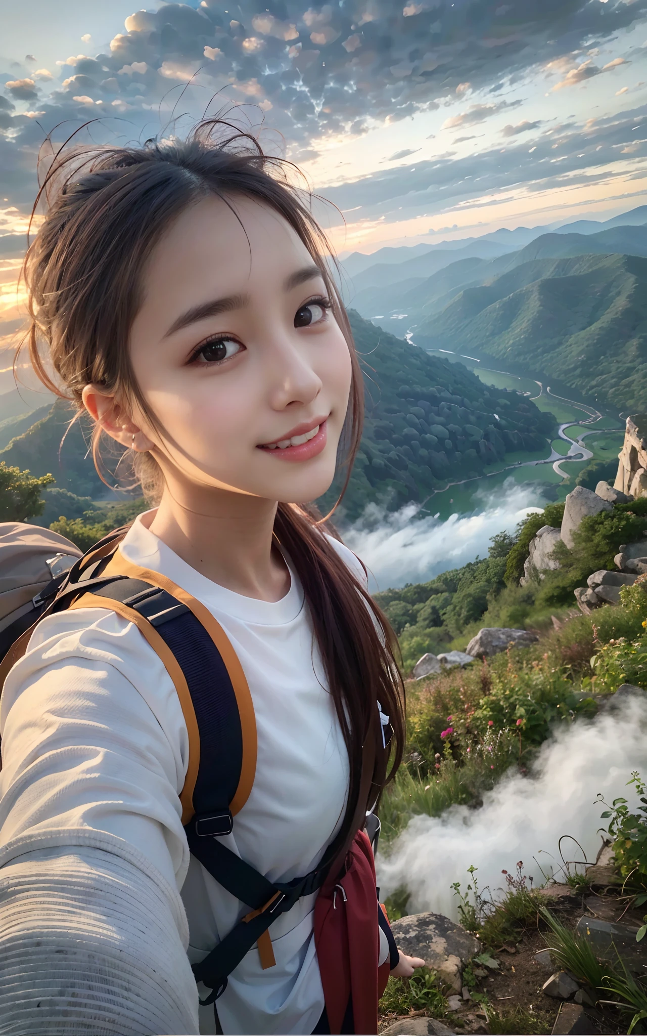 (Best Quality, hyper realistic photography), Magnificent mountain, sea of clouds, Woman watching sunset, selfee, ((Upper body)), white t-shirts, Trekking Shorts, trekking boots, rucksack,  (ultra-delicate face, Super Beautiful Maid, Super delicate eyes, Ultra-detailed nose, Ultra detailed mouth, Ultra-detailed facial features), Beautie, 18year old, Smiling happily