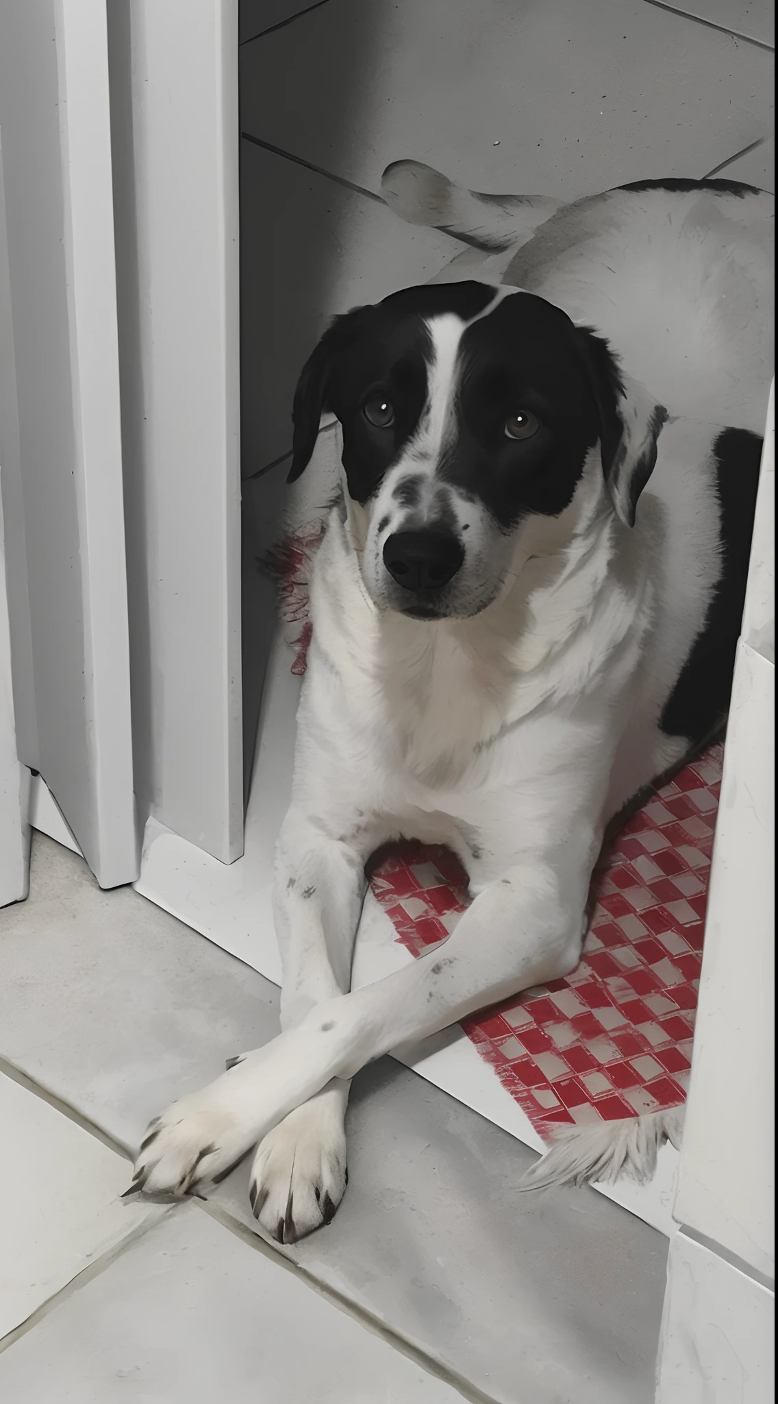 there is a dog that is laying down on the ground, branco com manchas pretas, branco com manchas marrons de chocolate, monochrome black and white,  preto e branco, manchado, Pontos, preto e branco, preto e branco, 20 anos, 2 0 I, um bonito, 2 anos, atrevido!!!Create an image like a pixar animated movie poster.