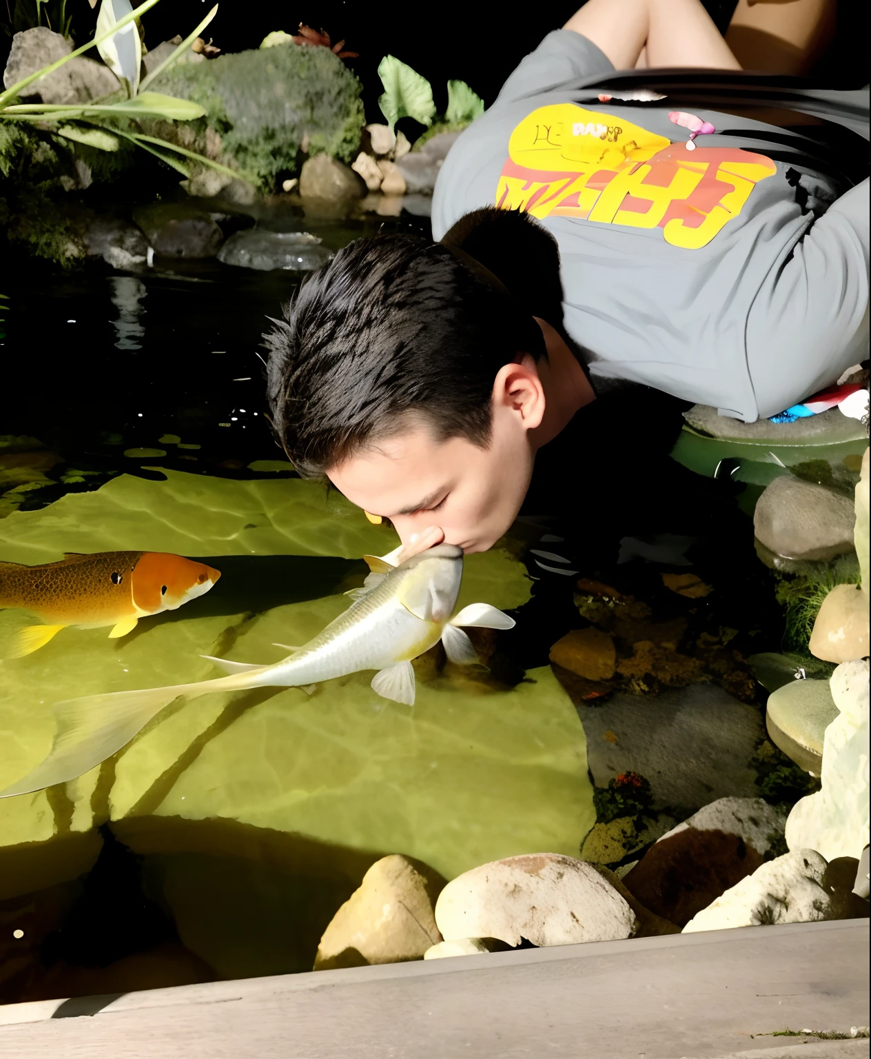 There's a man who's feeding a fish in a pond, Brandon, Brad, Cory, incredible depth, tiro focado, very realistic, Jeff, diego koi, video still, candid shot, roubar, Jeremy, Fotografia tirada em 2 0 2 0, Anthony, muito realista, Scott Fischer, foto viral, Foto tirada em uma Nikon, photo shoot