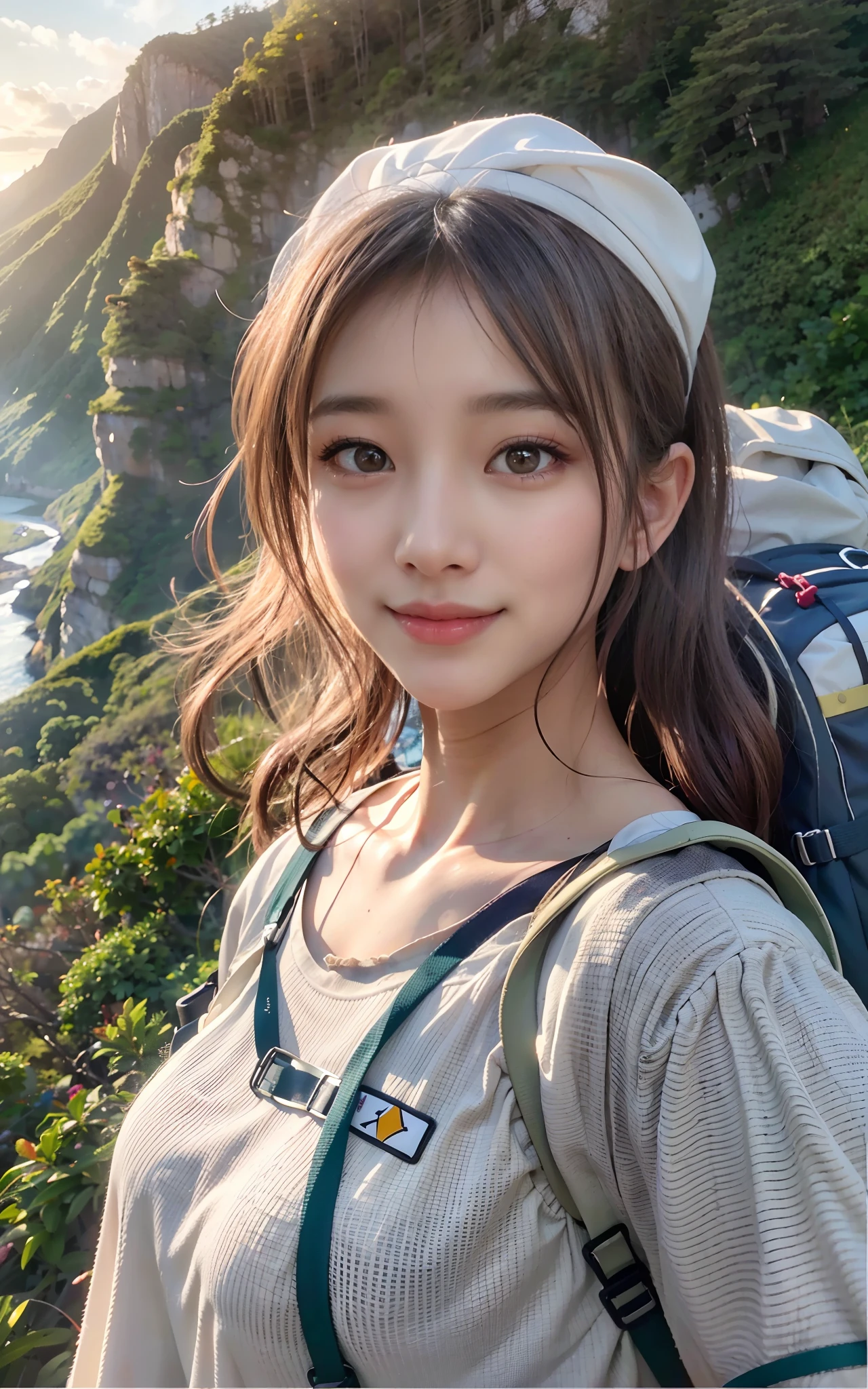 (Best Quality, hyper realistic photography), Magnificent mountain, sea of clouds, Woman watching sunset, selfee, ((Upper body)), white t-shirts, Trekking Shorts, trekking boots, rucksack,  (ultra-delicate face, Super Beautiful Maid, Super delicate eyes, Ultra-detailed nose, Ultra detailed mouth, Ultra-detailed facial features), Beautie, 18year old, Smiling happily