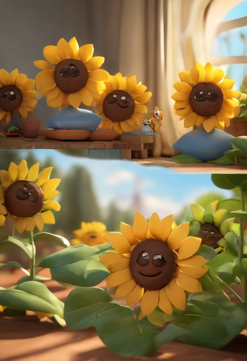 Create a Disney PIXAR-style 3D poster. ((centro da imagem, Duas Meninas)), ((2 children)) (( 2 meninas ao lado, They're hugging each other, 1 menina tem pele Morena , olhos e cabelos escuros e cacheados, e a outra menina tem pele Clara, olhos castanhos e cabelos Castanhos e lisos)) ((tudo isso no estilo Disney PIXAR 3D, In the background, A house of sunflowers, Gloria Studio, The garden is full of nature 3D render RTX clay material, estilo de design cartunesco, POP Mart, soft lighting, linhas suaves, Spring tilt, Detailed illustrations of PIXAR 3D, Detalhes hiper-realistas, cor quente no estilo Disney PIXAR 3D))