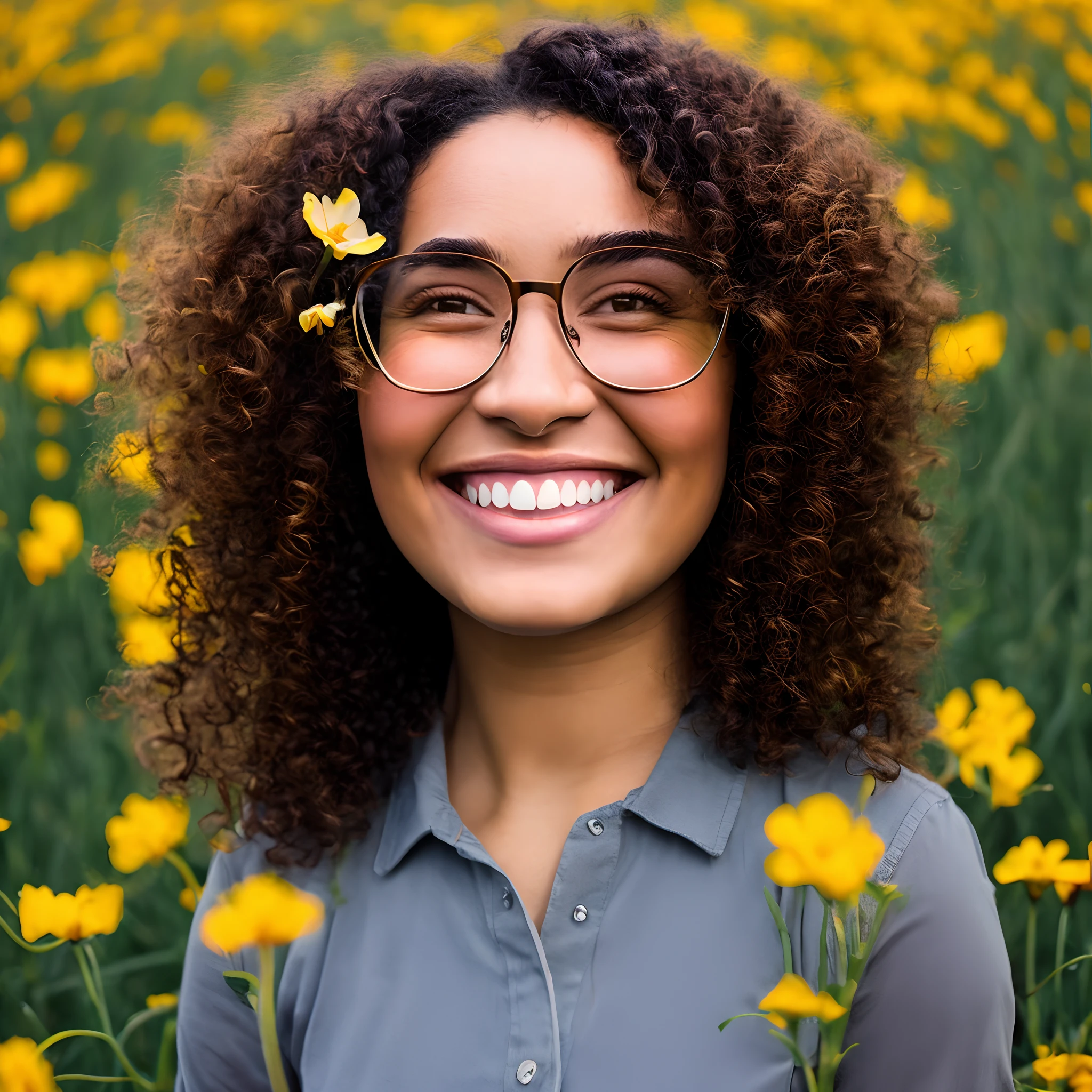 create a 3D pixar-inspired image of a smiling 22-year-old girl with curly hair defined, loose and rounded,and brown skin coloration, with thin-framed half-rounded glasses, e a cor dos olhos marrom claro, with a dress with red elbow-length sleeves and a decent black flats with gestures, In a field setting with flowers, With your arm around your waist