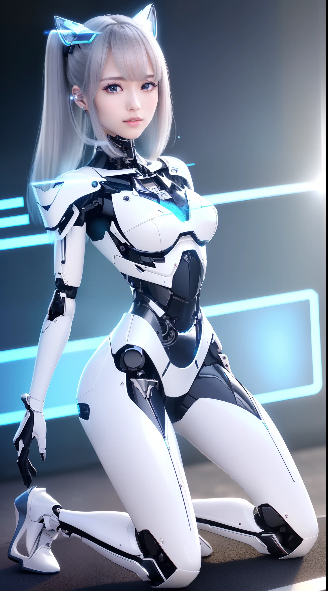 ((masutepiece)), ((top-quality), high quarity、ultra-definition, (Realistic、photoRealstic),  ((well proportioned face))、fulcolor 、(scientific fiction)、(独奏)、Beautiful robot woman、Disassembly Combat Robot、(Perfect robot joint:1.3)、(Detailed electronic board:1.3)、(Machine frame)、White porcelain mechanical armor、(Oval curvaceous face)、(machine components:1.3)、(Almond-shaped eyes without emotion)、thin mouth、deadpan、(Perfect mechanical two-handed:1.2)、((Cyber City Road during the day))、Perfect robot legs、high-heels、Kneeling