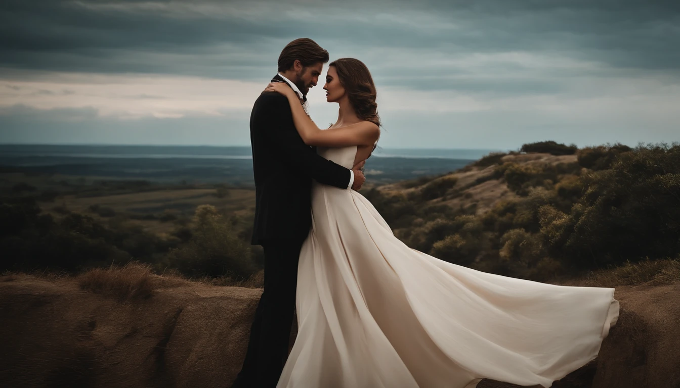 um homem elegante e formal, cabelo castanho  escuro, Hugging a beautiful woman, (estilo executiva ) That yummy hug romantic movie style, melhor qualidade, imagem realista e de alta qualidade, Cinematic embrace.
