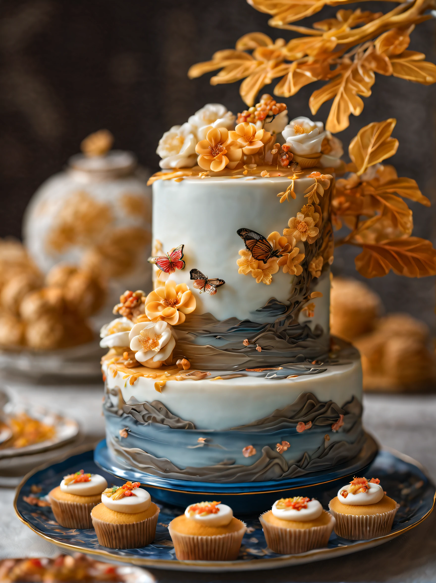 （Crystal cake on a crystal clear blue bone china plate）, （Cupcakes：1.37），（The cake is cut off in parts:1.0） Translucent brioche rolls，It has a soft brown and light yellow hue, Reminiscent of a Chinese landscape painting.Dark background, Delicately served on a beautiful rococo plate, The cake roll is decorated with beautiful autumn leaves and butterflies，morango，beautiful cherry blossoms、Hibiscus flower、maple trees，（Molten liquid），Looks lifelike. The traditional Chinese style of painting shows precise details, and HD, The surreal visuals are almost 8K quality. The fluffy and light cake texture is complemented by a unique and intricate pattern, designs, The soft watercolor effect evokes natural beauty.